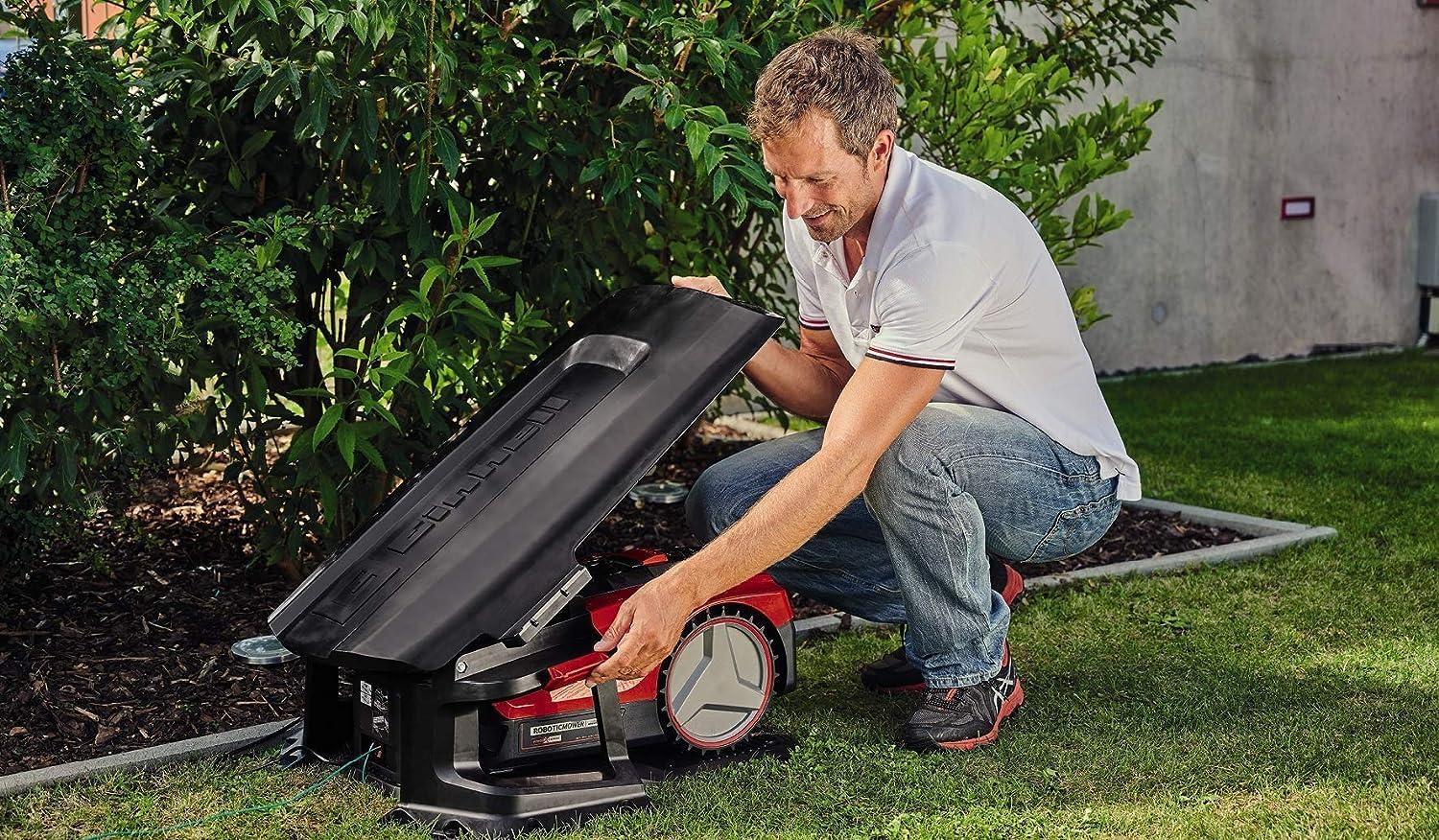 Original Einhell Mähroboter-Garage (passend für alle Einhell Mähroboter, Wetterschutz vor Regen, Sonne und Regen, einfacher Aufbau, faltbar, 79 x 52,8 x 16,5 cm) – Bild 3