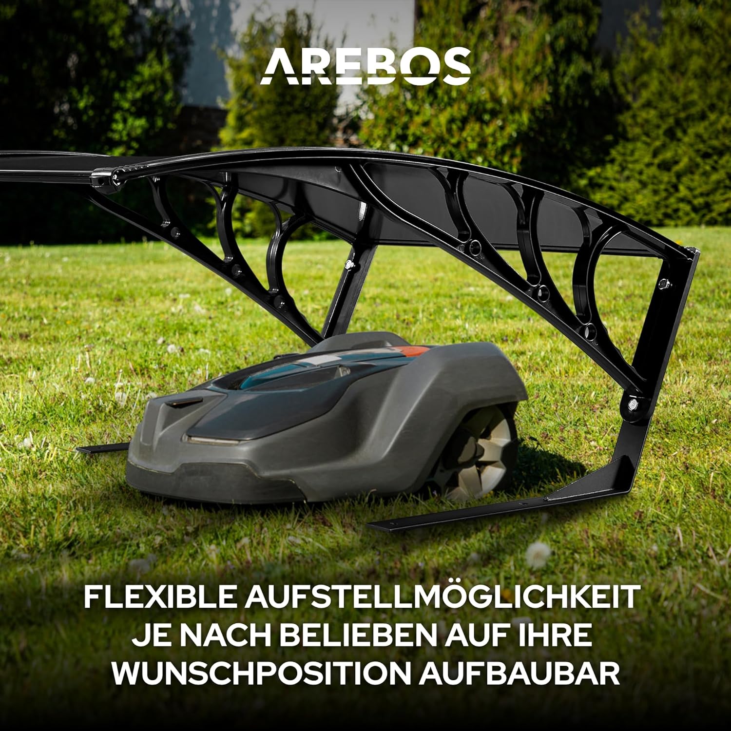 Arebos Roboter-Rasenmäher-Garage, Rasenmäher, Rasenmäher, Carport, 102 x 79 x 46 cm, wetterfest + UV-Schutz, mit Metallfüßen, Rasenmäher-Überdachung, inklusive Montagematerial, schwarz – Bild 5