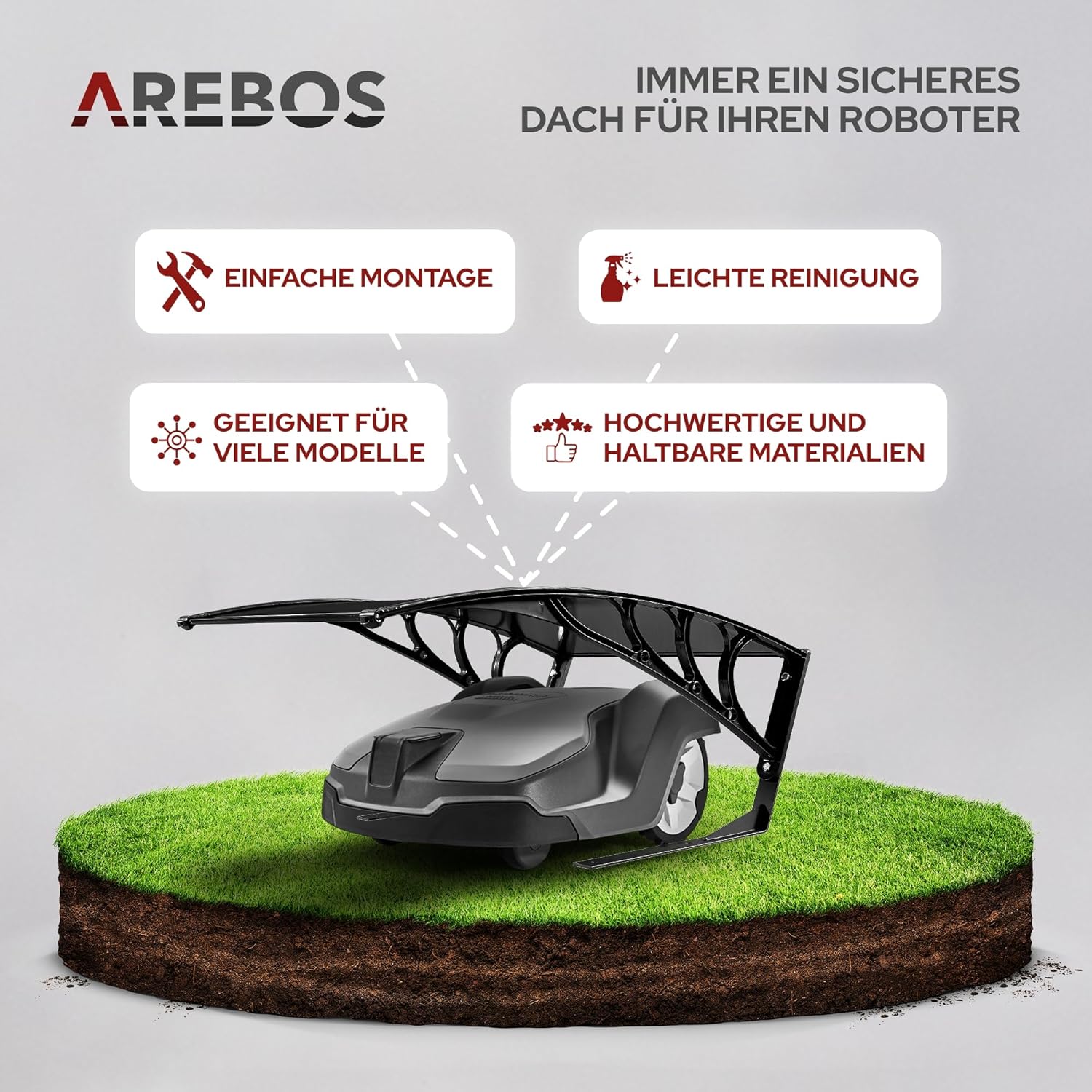 Arebos Roboter-Rasenmäher-Garage, Rasenmäher, Rasenmäher, Carport, 102 x 79 x 46 cm, wetterfest + UV-Schutz, mit Metallfüßen, Rasenmäher-Überdachung, inklusive Montagematerial, schwarz – Bild 2