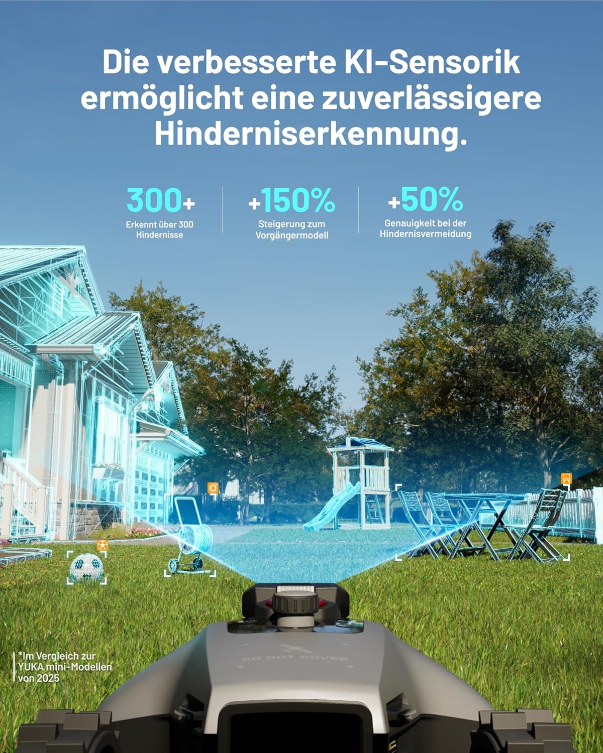 MAMMOTION YUKA Mini 2 500 Roboter-Rasenmäher ohne Begrenzungskabel, Empfehlung 500 m², KI-betriebener Rasenmäherroboter mit drei Kameras und Bildverarbeitung, Auto-Mehrzonenkartierung, DropMow, manuelle Karte – Bild 3