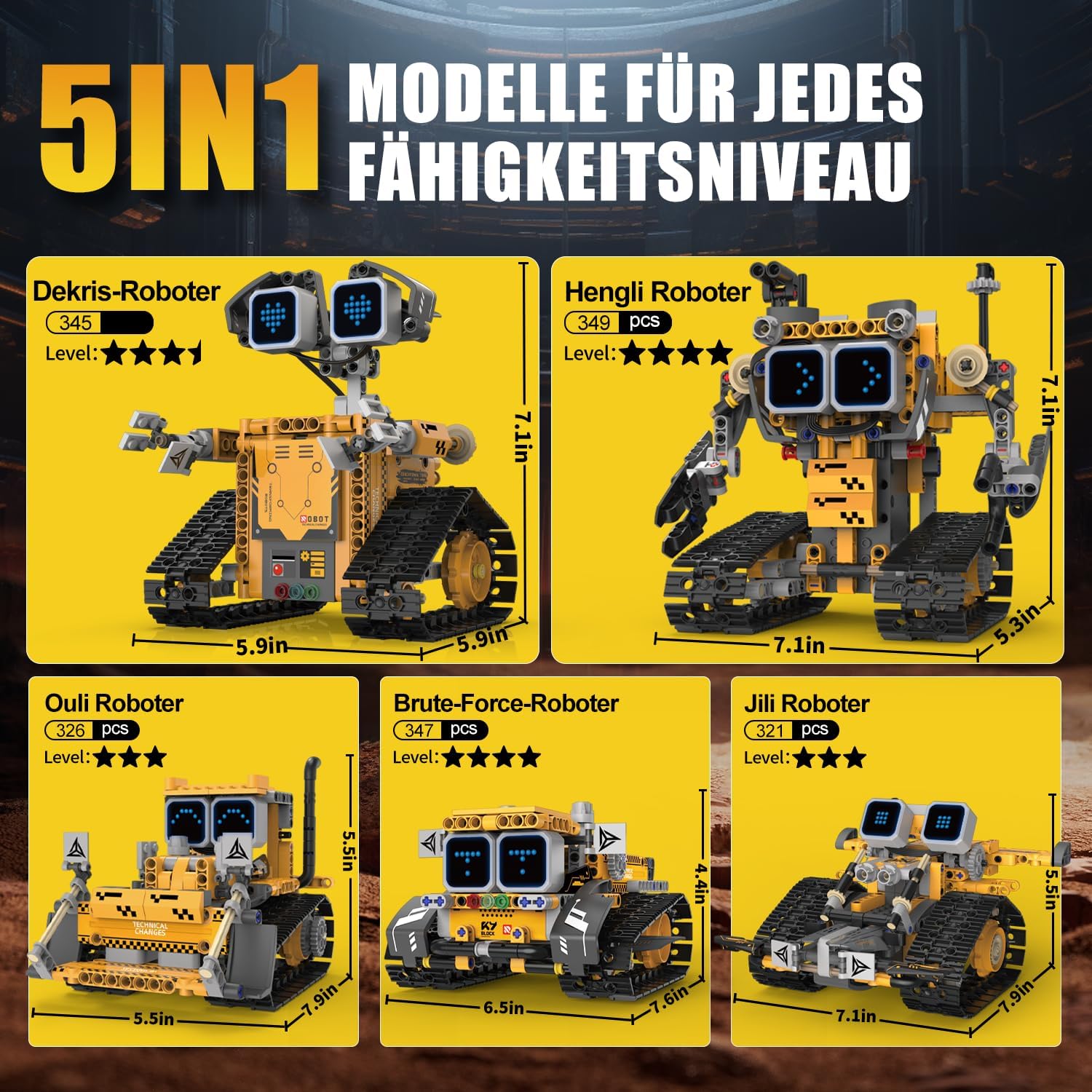Technik Roboterbauspielzeug für Kinder, 5-in-1-Roboter mit App & ferngesteuertem Technic Wall Robotics Kit mit 16 LED-Gesichtsausdrücken, 373 Teile RC programmierbares Roboterspielzeug Geschenk für 6 7 8 10 – Bild 4