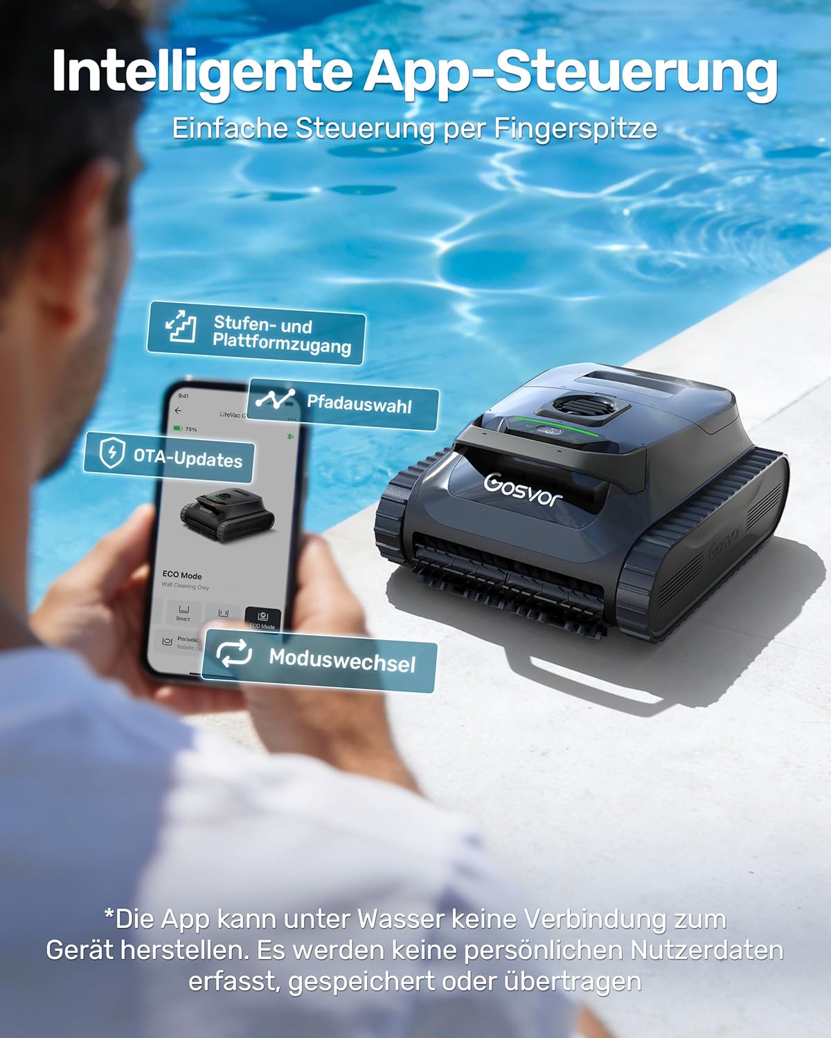 Poolroboter Wand und Boden, Wasserlinie, flache Zone 4-in-1, bis zu 200 Minuten Laufzeit, leichte 6,9 kg, 3μm Ultrafeinfilter, starker Pool-Suager-Akku für Pools bis zu 200 m² – Bild 9