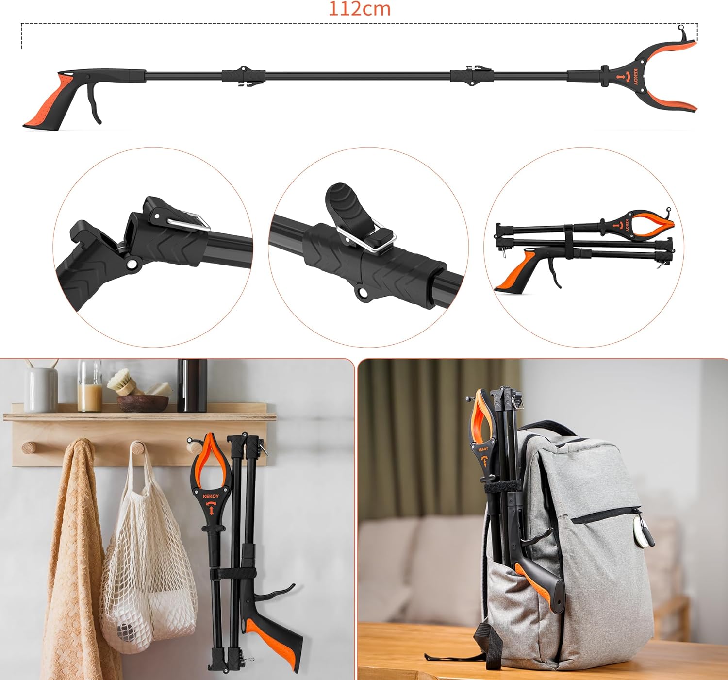 Kekoy 112 cm Greifer mit Licht, faltbarer Greifer für Senioren, Greifzange, drehbarer Kopf, Greifhilfe für Senioren mit Magnet, langes Greifwerkzeug mit Magnetspitzen (Orange, 1 Stück) – Bild 4