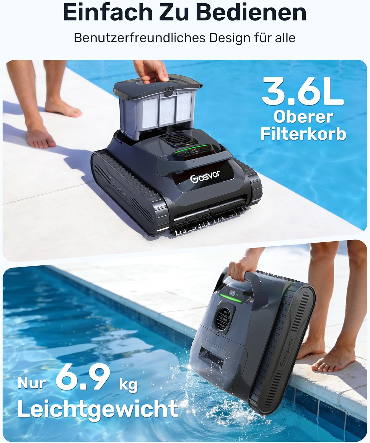Poolroboter Wand und Boden, Wasserlinie, flache Zone 4-in-1, bis zu 200 Minuten Laufzeit, leichte 6,9 kg, 3μm Ultrafeinfilter, starker Pool-Suager-Akku für Pools bis zu 200 m² – Bild 4