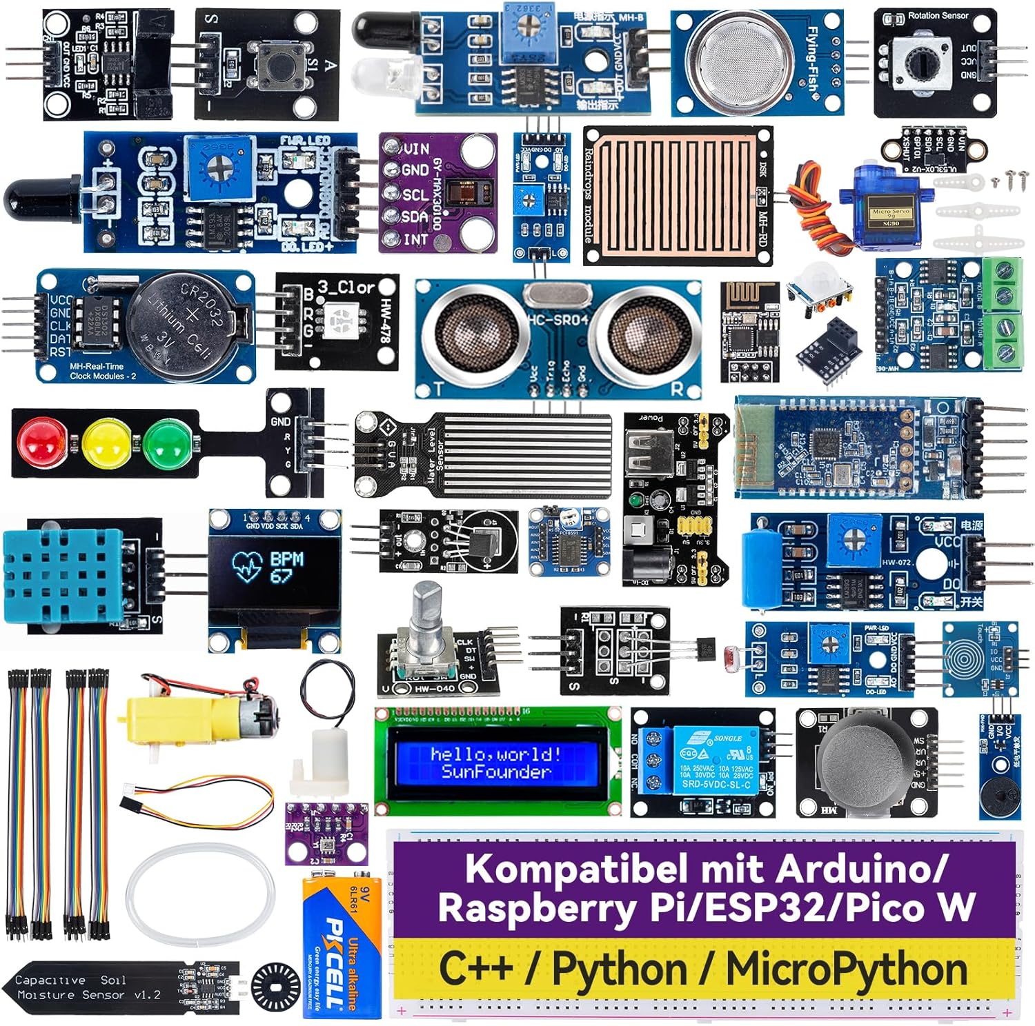 SunFounder Universal Maker Sensor Kit kompatibel mit Arduino Mega/R3/R4 Minima/WiFi Nano, Raspberry Pi 5/4B/3B+/Zero 2W/, Pico W, ESP32, C++, Python, MicroPython, Anfänger und Techniker