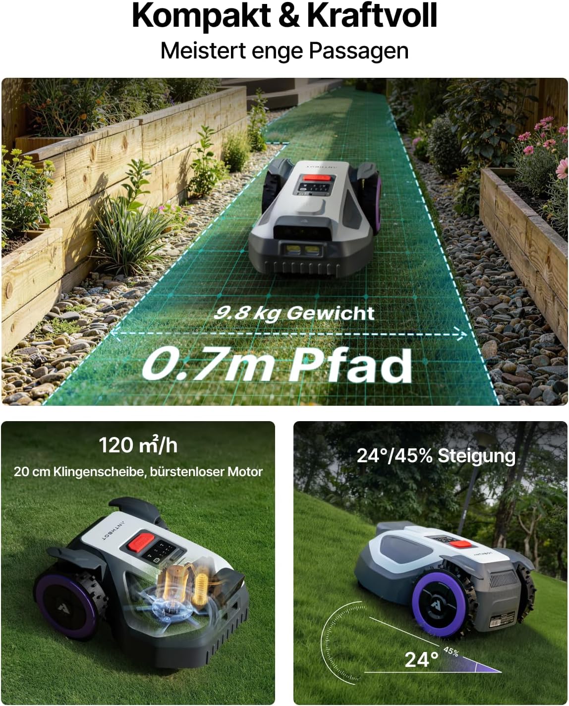ANTHBOT M9 Robotic Lawnmower without Boundary Cable with Precise RTK Navigation and Dual Vision, AI Obstacle Avoidance, App Control, for Gardens up to 900 m², Compact Lawnmower Robot with 45% Incline – Bild 2