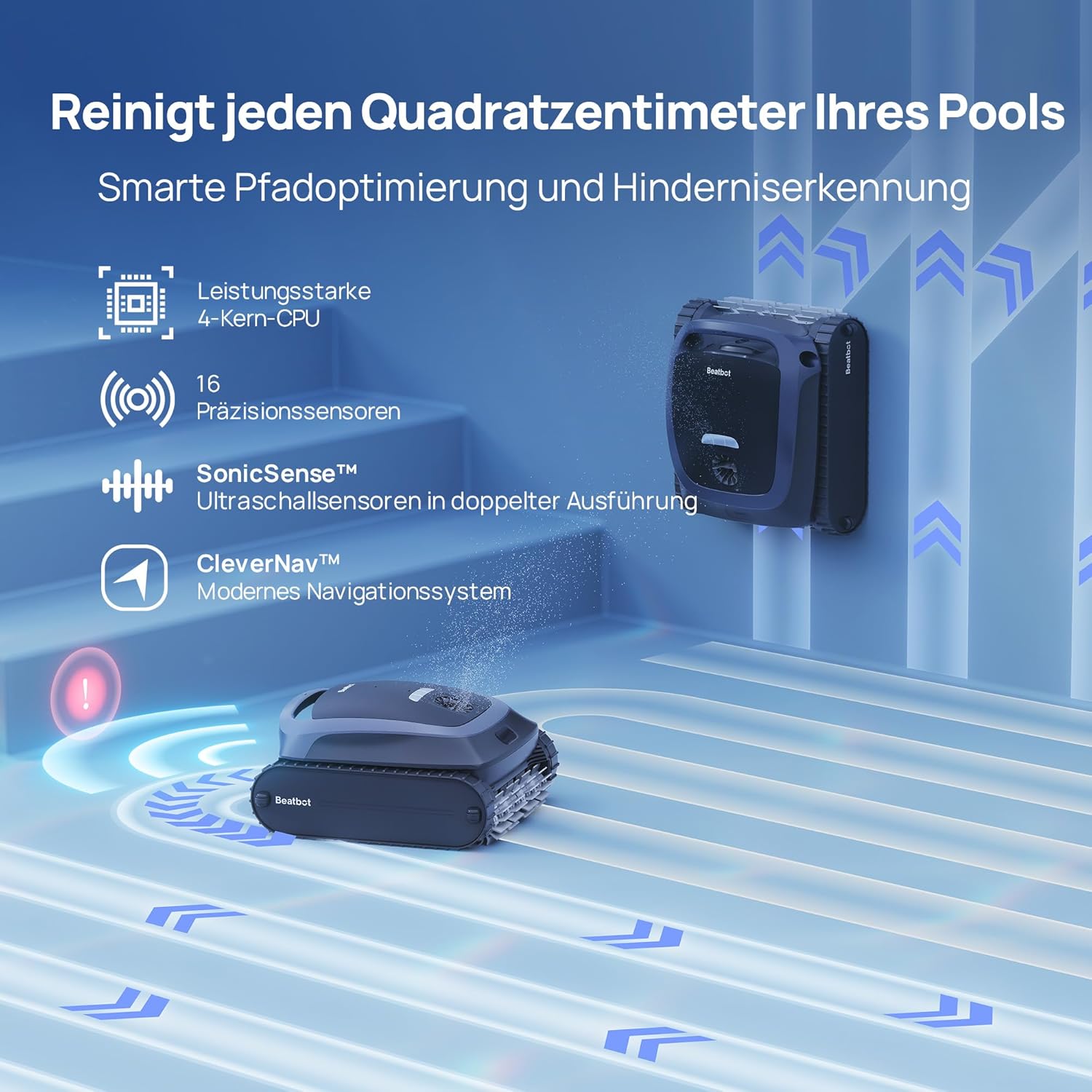 Beatbot AquaSense 2 Poolroboter, Akku-Poolsauger mit Parkfunktion, Poolreiniger Boden und Wand, doppelte Reinigung der Wasserlinie, für Pools bis 300 m², Mitternachtsblau – Bild 5