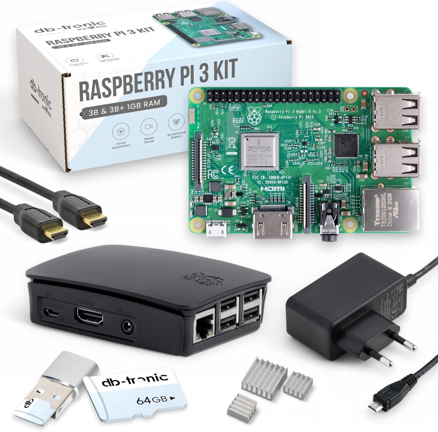 Raspberry Pi 3 B Starter-Set | Stromversorgung | Wohnen | 64GB-Edition | HDMI-Kabel 1 m | USB-Kartenleser | Kühlkörper | Raspberry Pi 3 B 1 GB RAM