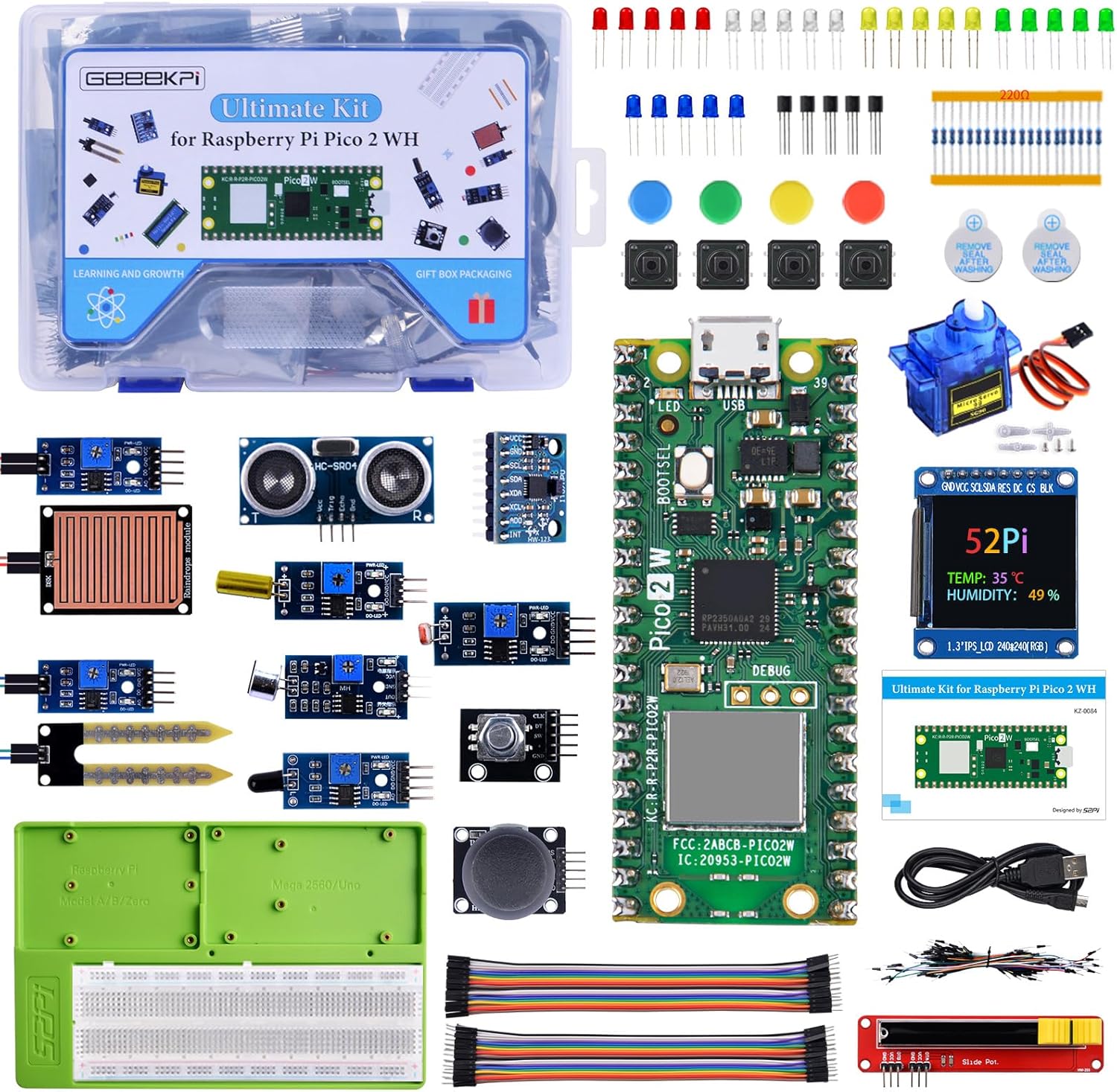 GeeekPi Ultimatives Starter-Kit für Pico 2W (im Lieferumfang enthalten), Dual Arm Cortex-M33 und Dual Hazard3 RISC-V Mikrocontroller, mit detailliertem Tutorial, mehreren Artikeln und Projekten