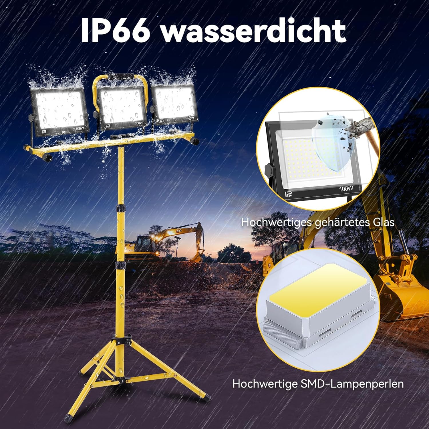 300W LED Baustrahler 6500K Richtungsverstellbar LED Baustrahler 230V Kaltweißer Scheinwerfer 30000lm Arbeitsleuchte IP65 Wasserdichter Bauscheinwerfer für Baustellen – Bild 5