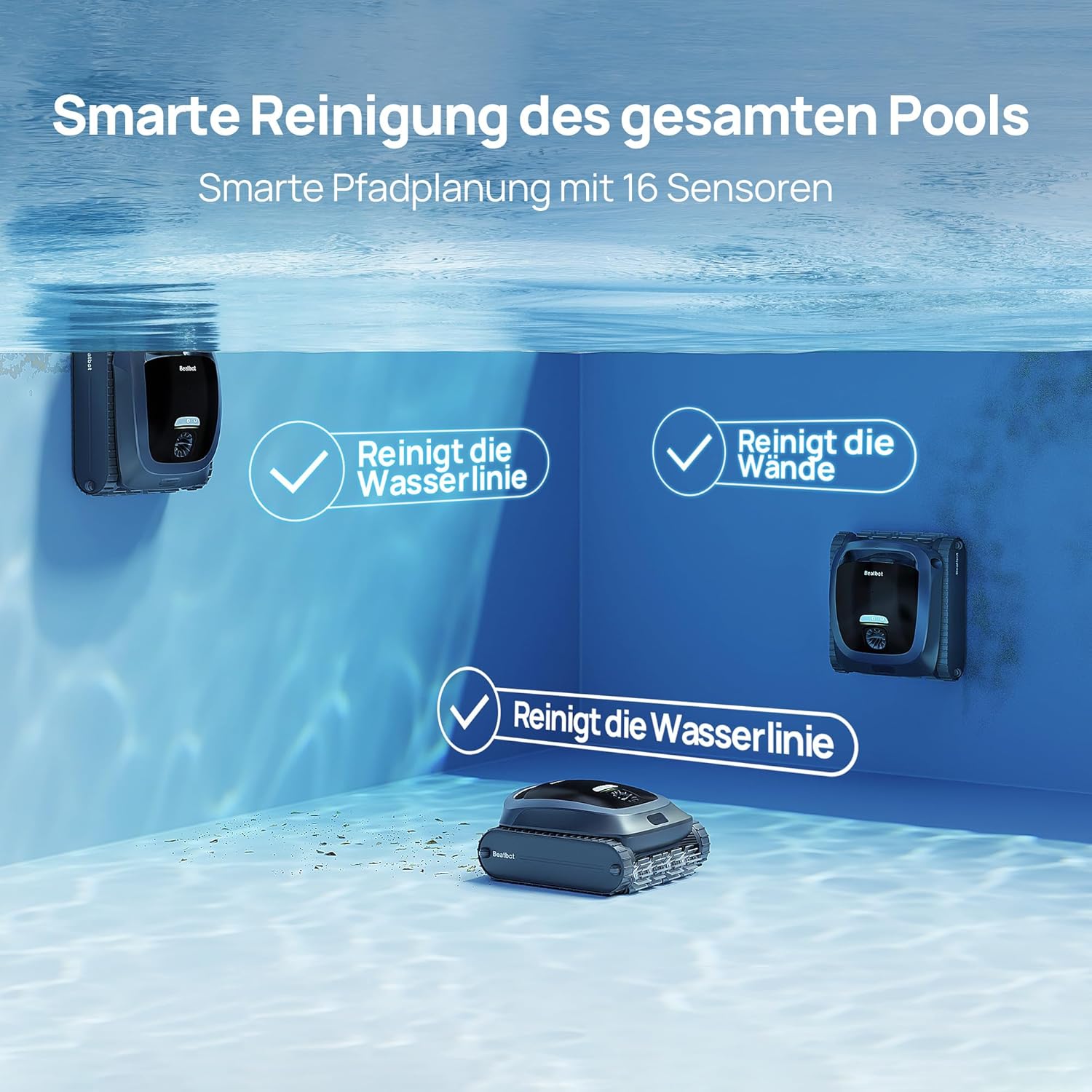 Beatbot AquaSense 2 Poolroboter, Akku-Poolsauger mit Parkfunktion, Poolreiniger Boden und Wand, doppelte Reinigung der Wasserlinie, für Pools bis 300 m², Mitternachtsblau – Bild 2