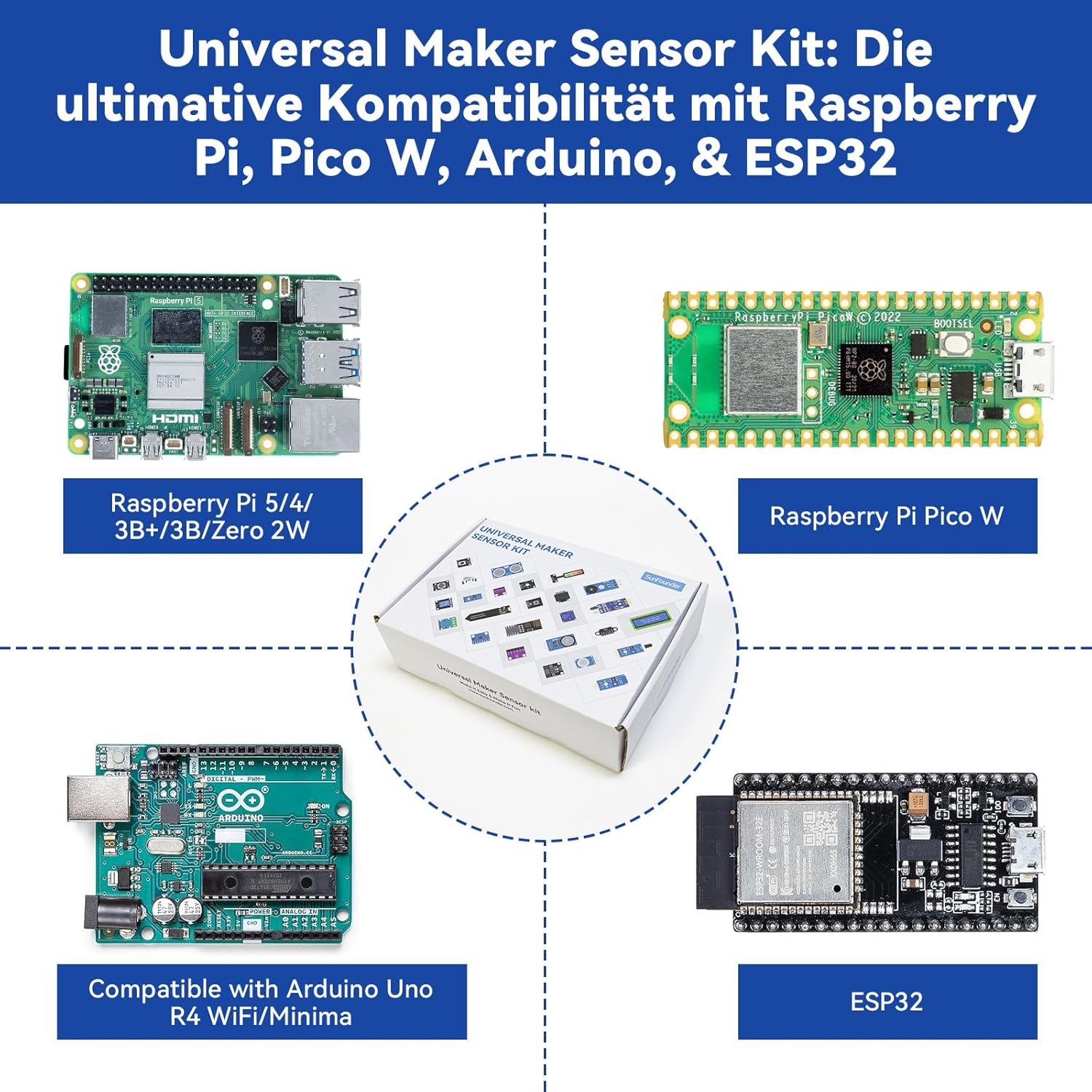 SunFounder Universal Maker Sensor Kit kompatibel mit Arduino Mega/R3/R4 Minima/WiFi Nano, Raspberry Pi 5/4B/3B+/Zero 2W/, Pico W, ESP32, C++, Python, MicroPython, Anfänger und Techniker – Bild 2