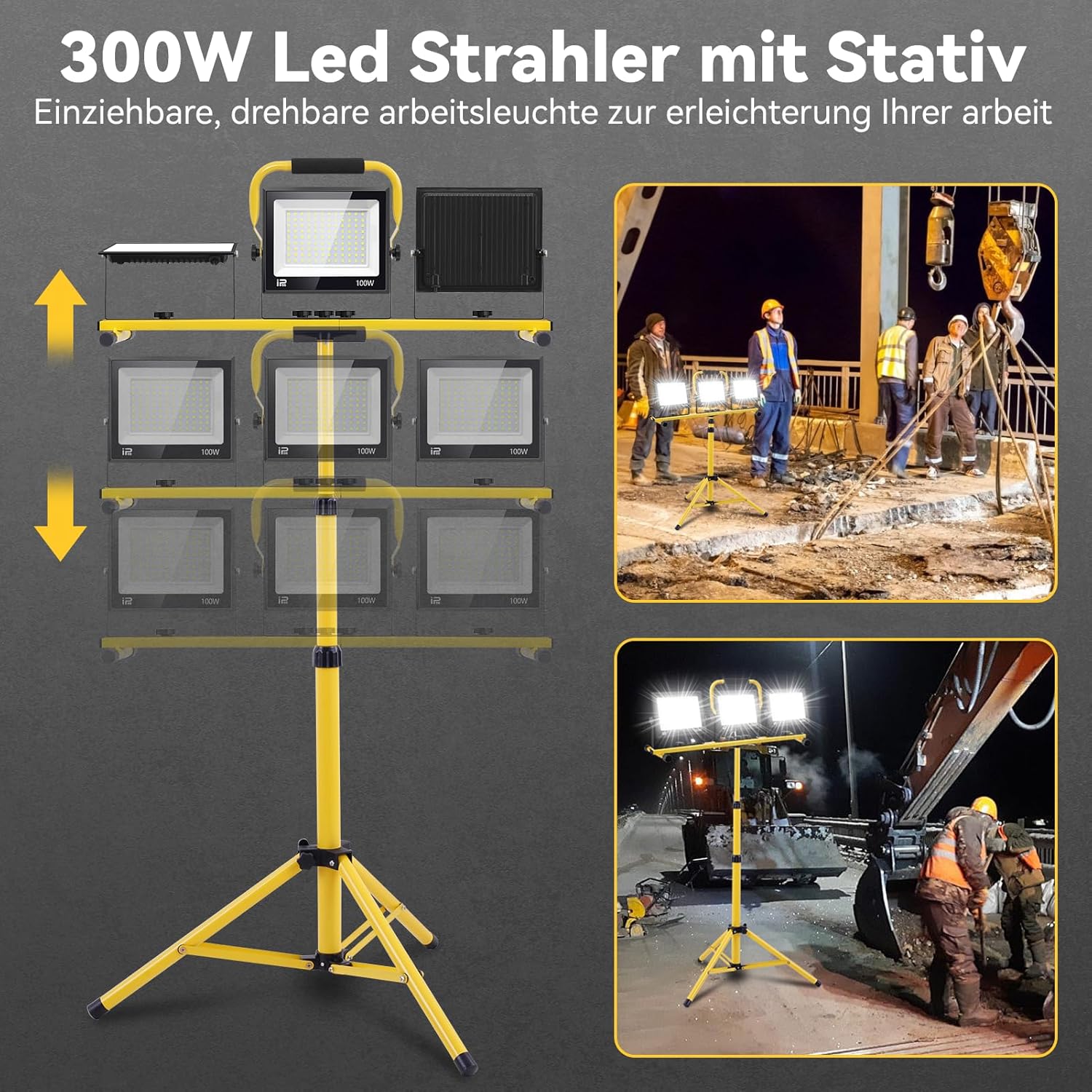 300W LED Baustrahler 6500K Richtungsverstellbar LED Baustrahler 230V Kaltweißer Scheinwerfer 30000lm Arbeitsleuchte IP65 Wasserdichter Bauscheinwerfer für Baustellen – Bild 3