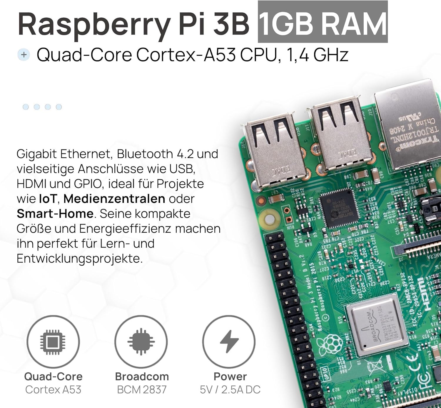 Raspberry Pi 3 B Starter-Set | Stromversorgung | Wohnen | 64GB-Edition | HDMI-Kabel 1 m | USB-Kartenleser | Kühlkörper | Raspberry Pi 3 B 1 GB RAM – Bild 4