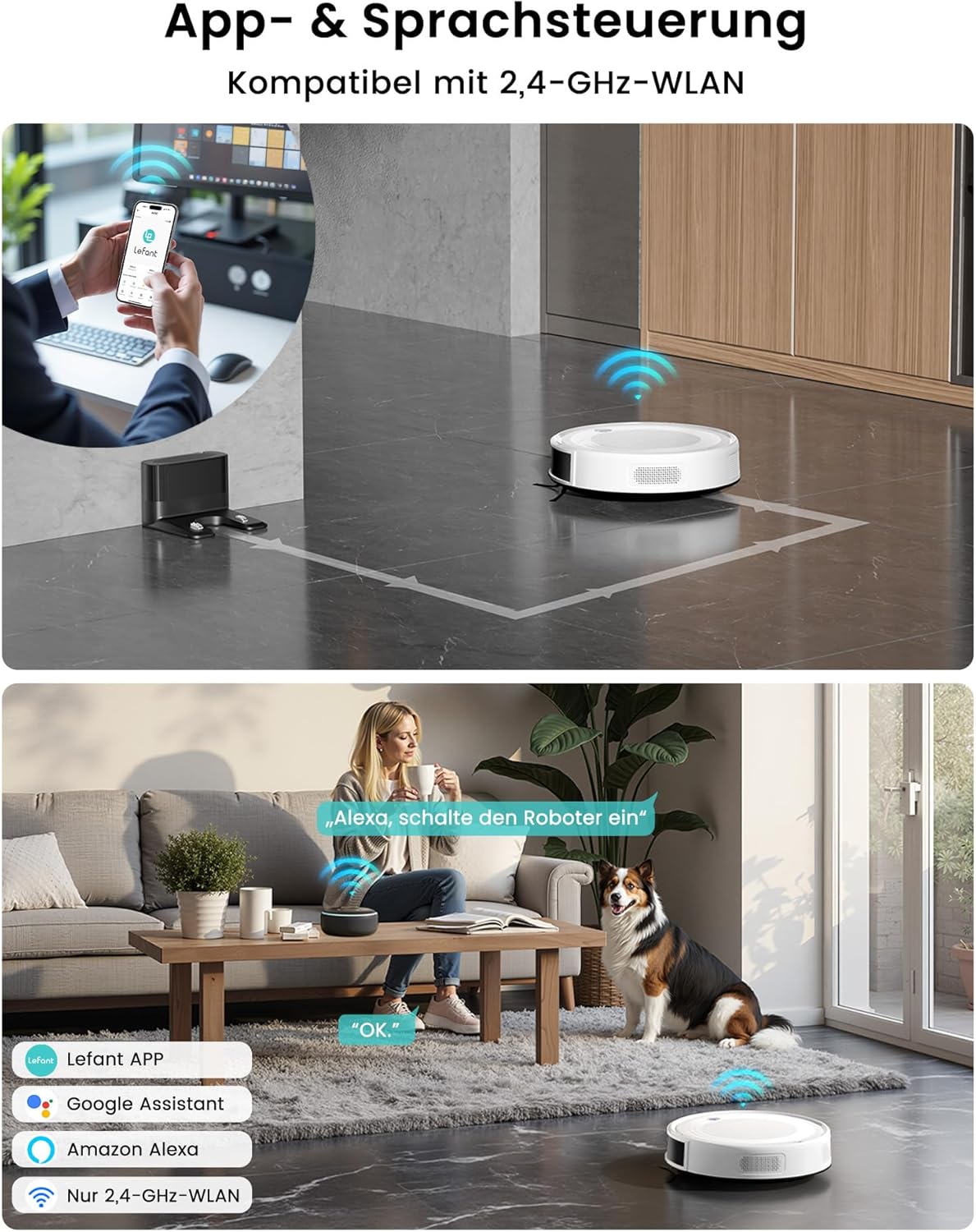 LEFANT Staubsaugerroboter mit Wischfunktion, ultradünn, Staubsaugerroboter Anti-Tangle, präzise Hindernisvermeidung, App, Alexa-Steuerung für Tierhaare, Teppiche, M310 Ultra White – Bild 6