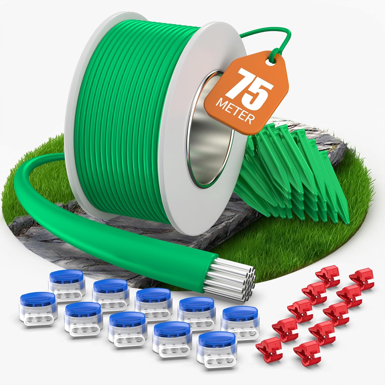 75 m Universal Begrenzungskabel Rasenroboter mit 50 Erdspießen + 10 Kabelverbindern + 10 Verbindungsklemmen, Rasenroboter-Zubehörset mit Begrenzungskabel, kompatibel mit Gardena/Bosch/Worx