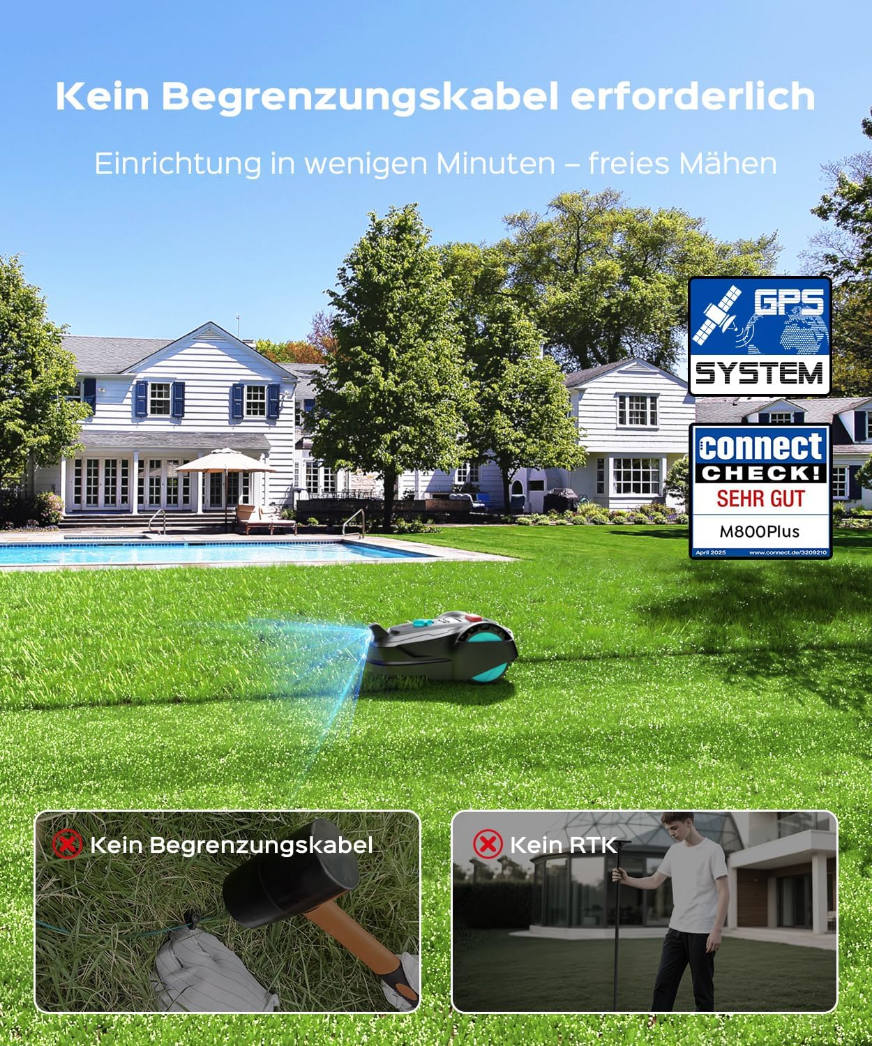 M800Plus Mähroboter ohne Begrenzungskabel, GPS-Ortung + 3D Vision Rasenmäherroboter ohne Kabel, 800 m², U-förmiger Mähmodus, automatisches Laden, App, 150 Hinderniserkennungen – Bild 3