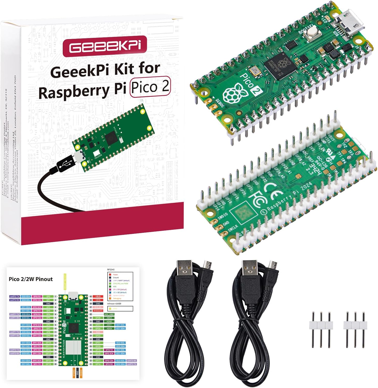GeeekPi Vorverlötetes Raspberry Pi Pico 2 mit Header-USB-Kabel, RP2350 Mikrocontroller-Board, Mini-Board-Kit basierend auf RP2350-Chip, Dual-Core und Dual-Architektur, unterstützt C/C++/Python