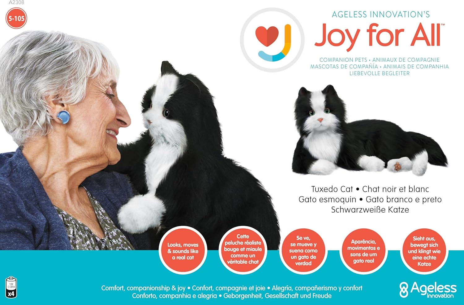 Ageless Innovation Joy For All Interaktive Haustierkatze – Lebensechtes, realistisches Haustier mit weichem Fell und beruhigendem Schnurren, kein Zusammenbau – Schwarz und Weiß – Bild 3