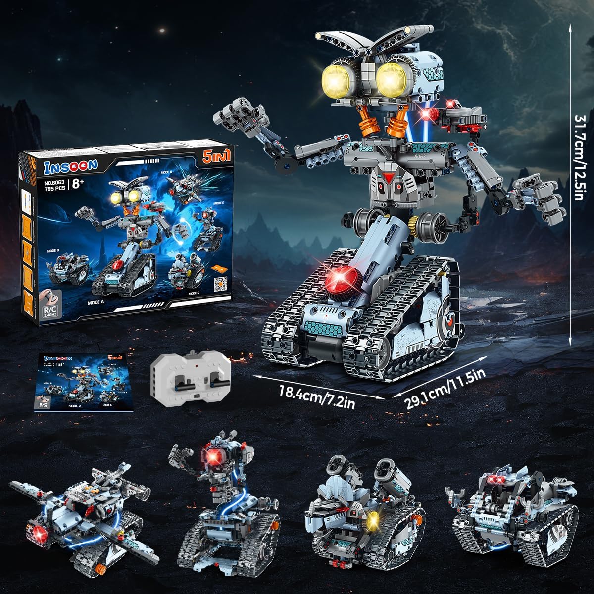 INSOON Technik Roboter Bauspielzeug mit Lichtern, 5-in-1 Roboter-Klemmbausteine mit App & Fernbedienung, RC-Panzer-Bausteine, 795 Teile, Lernspielzeug-Geschenk für Kinder, Jungen, Mädchen ab 14 Jahren – Bild 9