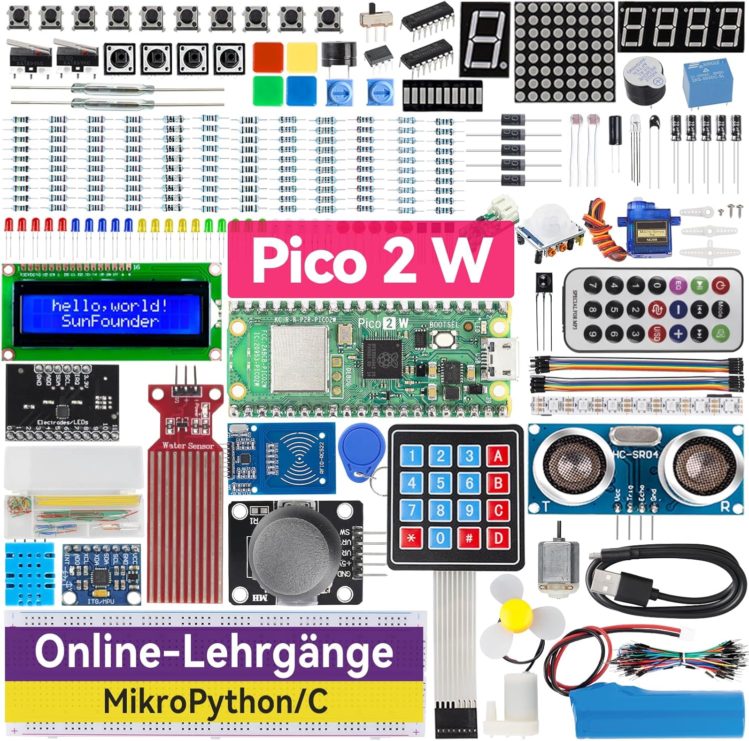SunFounder Raspberry Pi Pico 2W Ultimate Starter Kit mit über 110 englischen Videokursen, Online-Tutorials, 96 Projekten (16 IoT), MicroPython, C++ (kompatibel mit Arduino IDE)