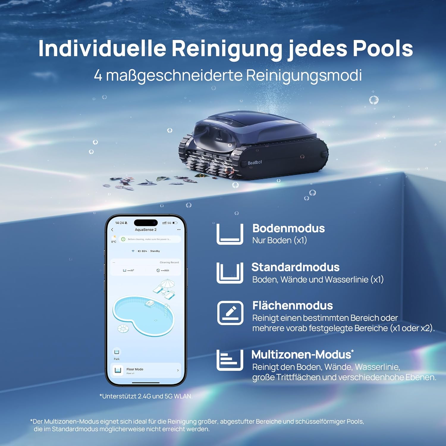 Beatbot AquaSense 2 Poolroboter, Akku-Poolsauger mit Parkfunktion, Poolreiniger Boden und Wand, doppelte Reinigung der Wasserlinie, für Pools bis 300 m², Mitternachtsblau – Bild 6
