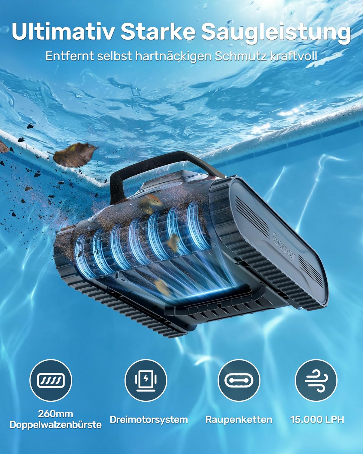Poolroboter Wand und Boden, Wasserlinie, flache Zone 4-in-1, bis zu 200 Minuten Laufzeit, leichte 6,9 kg, 3μm Ultrafeinfilter, starker Pool-Suager-Akku für Pools bis zu 200 m² – Bild 5