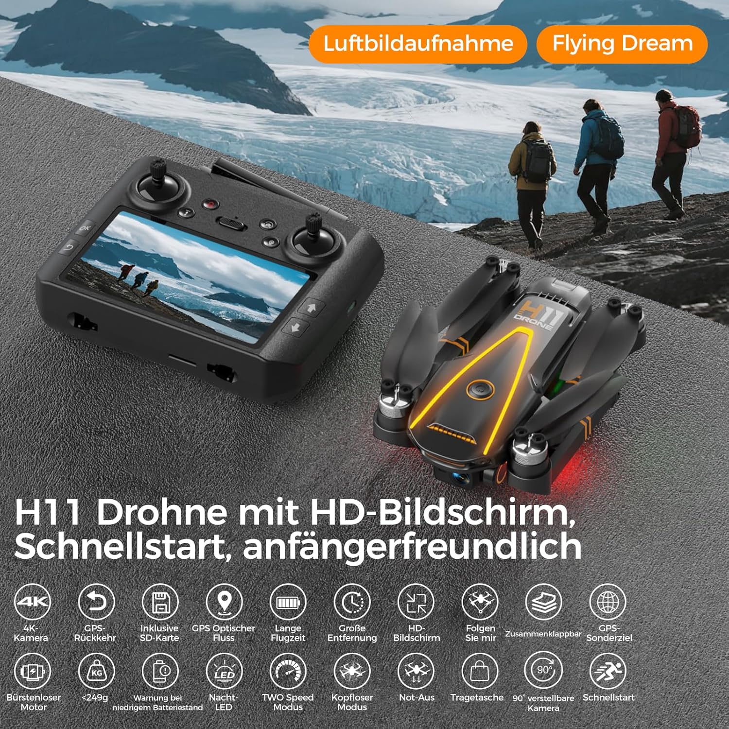 H11 GPS-Drohne mit Kamera 4K für Erwachsene und Kinder (Bildschirmfernbedienung), Drohne, die Ihnen folgt, zwei intelligente Batterien, 45 Minuten Flugzeit, Autorückführung, bürstenloser Motor, unter 249 g, C0 – Bild 5