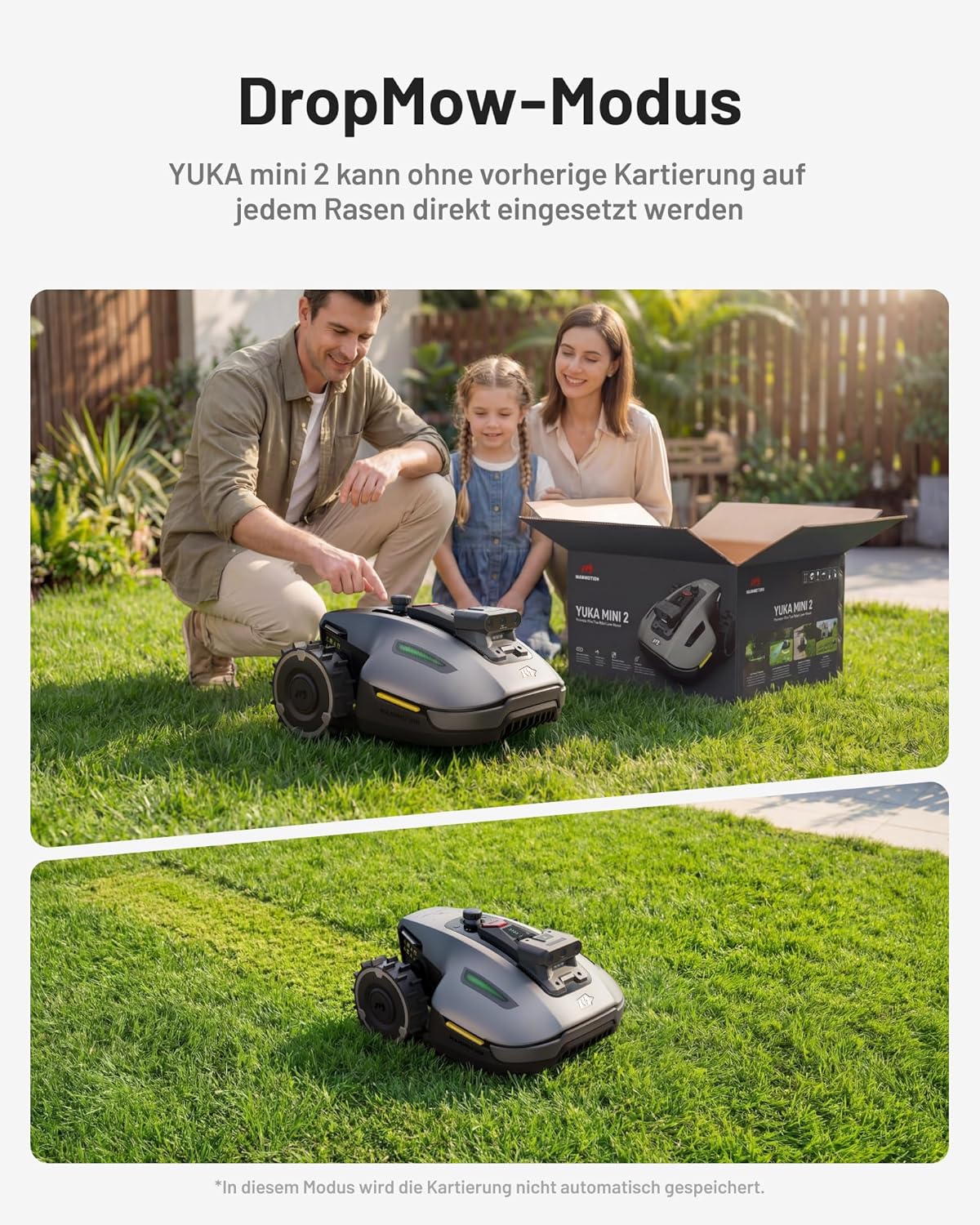 MAMMOTION YUKA Mini 2 500 Roboter-Rasenmäher ohne Begrenzungskabel, Empfehlung 500 m², KI-betriebener Rasenmäherroboter mit drei Kameras und Bildverarbeitung, Auto-Mehrzonenkartierung, DropMow, manuelle Karte – Bild 5