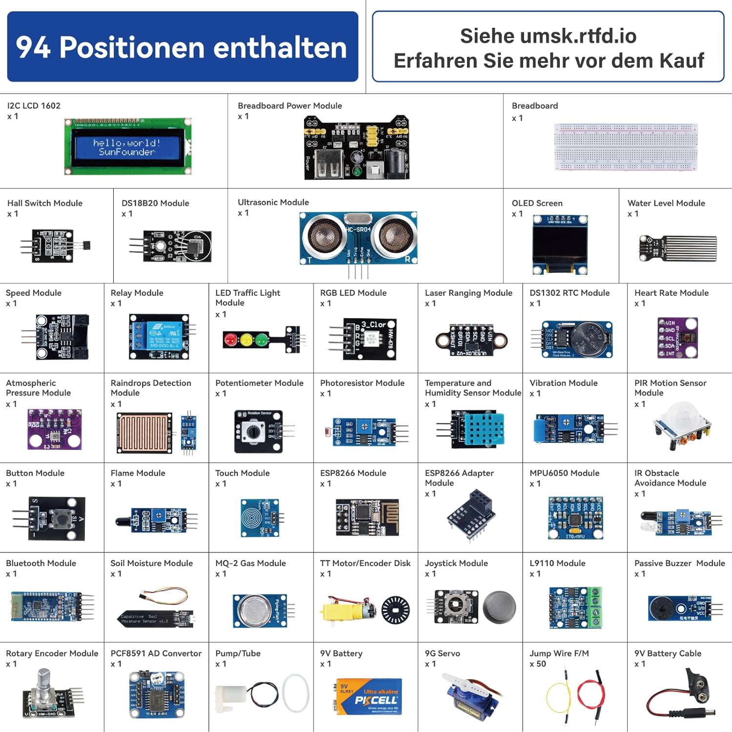 SunFounder Universal Maker Sensor Kit kompatibel mit Arduino Mega/R3/R4 Minima/WiFi Nano, Raspberry Pi 5/4B/3B+/Zero 2W/, Pico W, ESP32, C++, Python, MicroPython, Anfänger und Techniker – Bild 7