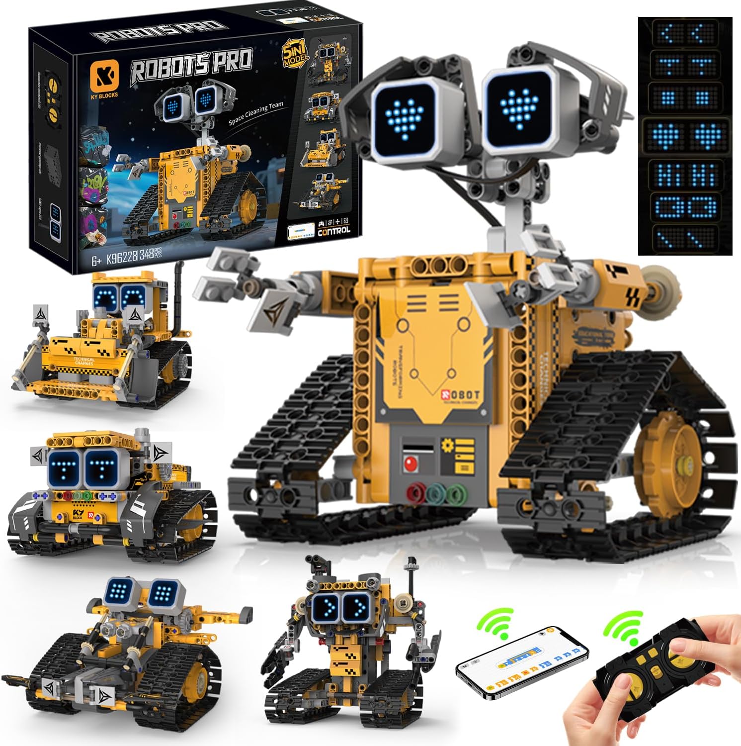 Technik Roboterbauspielzeug für Kinder, 5-in-1-Roboter mit App & ferngesteuertem Technic Wall Robotics Kit mit 16 LED-Gesichtsausdrücken, 373 Teile RC programmierbares Roboterspielzeug Geschenk für 6 7 8 10