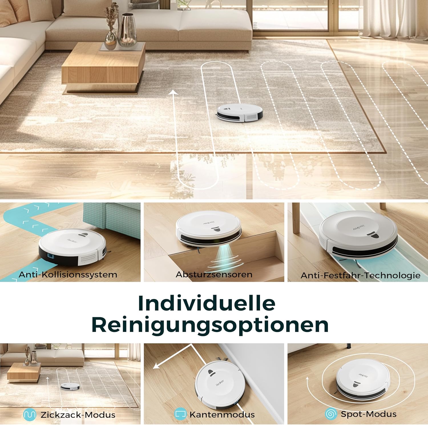 Redkey E6 Saugroboter mit 7000 Pa Saugleistung, dynamischer Navigation, bis zu 170 Minuten Laufzeit, Saugroboter mit Ladestation, Fernbedienung und App, ideal für Tierhaare – Bild 7