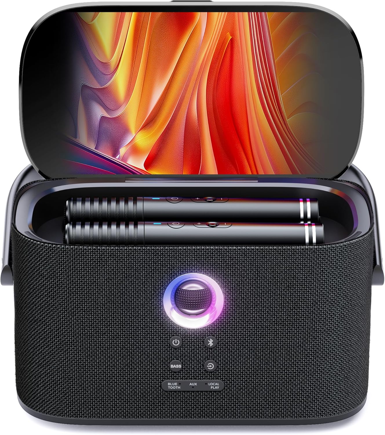 Karaoke-Maschinenanlage mit 2 Mikrofonen, integriertes Liedtext-Display und Bildschirm, 140 W Bluetooth mit HDMI-Anschluss, Selbstaufladend, Karafun App, Ideal für Home Party & TV-Anschluss