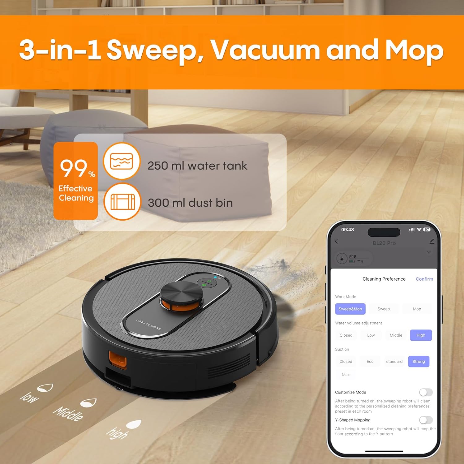 Robot Vacuum and Mop with Self-Emptying, Robotic Vacuum with 90-Day Hands-Free, Mapping, 5000Pa, LiDAR Navigation, Cleaning, Wi-Fi/App/Alexa Control, No-Go Zones,Ideal for Pet, Hard Floors, Carpet - Image 5