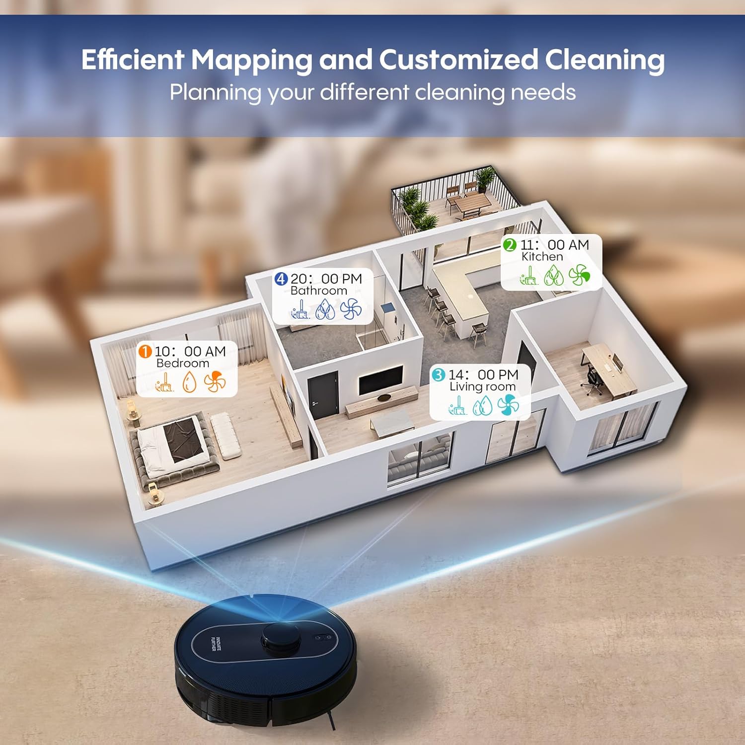 Robot Vacuum and Mop Self Emptying, 5000Pa Suction, LiDAR Navigation, Smart Obstacle Avoidance, Home Mapping, No-Go Zone, 60-Day Hands-Free Cleaning, Idear for Homes with Pets, Carpet & Hard Floors - Image 4