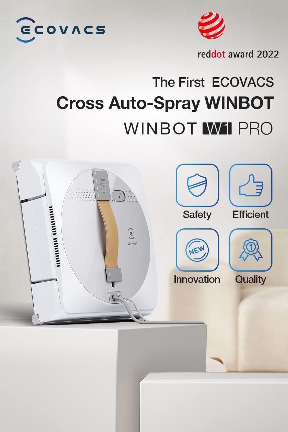 ECOVACS Winbot W1 Pro Window Cleaning Robot, Intelligent Cleaning with Dual Cross Water Spray Technology, Win SLAM 3.0 Path Planning, 2800Pa Suction Power, Edge Detection Technology, App Control,Grey - Image 2