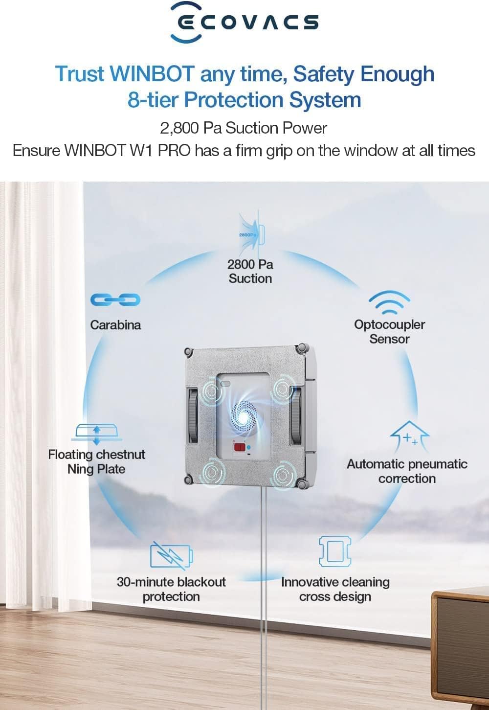 ECOVACS Winbot W1 Pro Window Cleaning Robot, Intelligent Cleaning with Dual Cross Water Spray Technology, Win SLAM 3.0 Path Planning, 2800Pa Suction Power, Edge Detection Technology, App Control,Grey - Image 5
