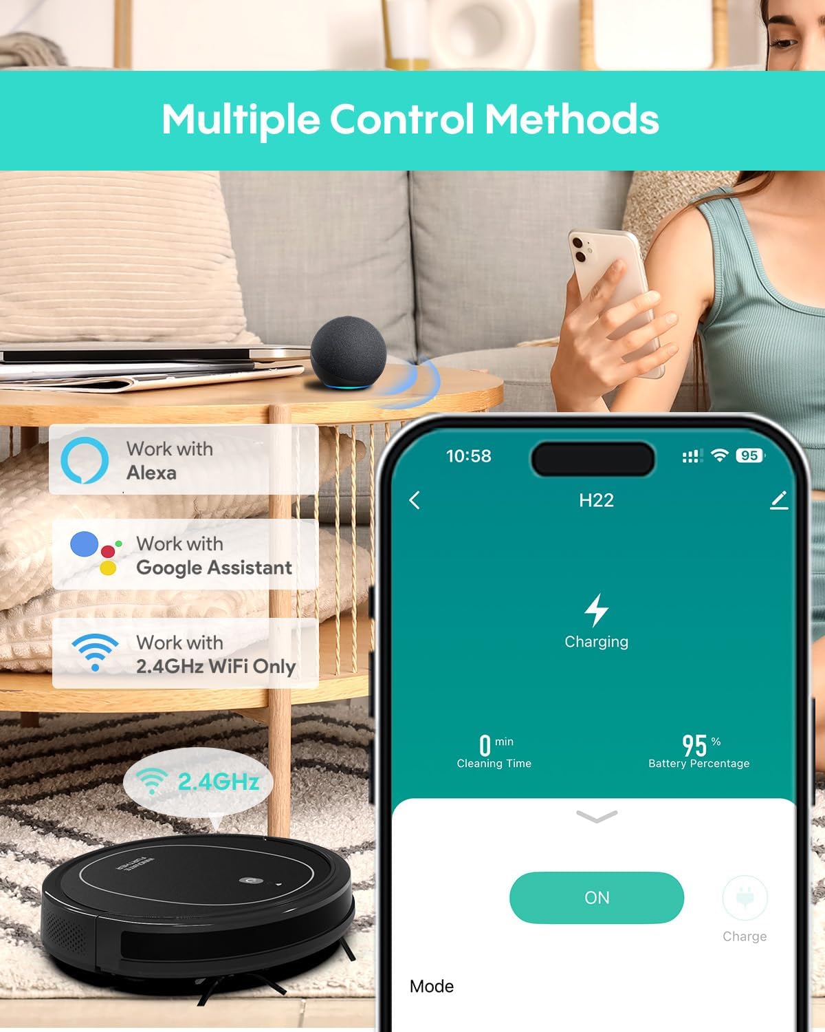 3-in-1 Robot Vacuum and Mop 4000Pa Strong Suction with App/Remote/Alexa Control & Central Brush & Self-Charging for Home Hard Floor, Carpet, Pet Hair - Image 5