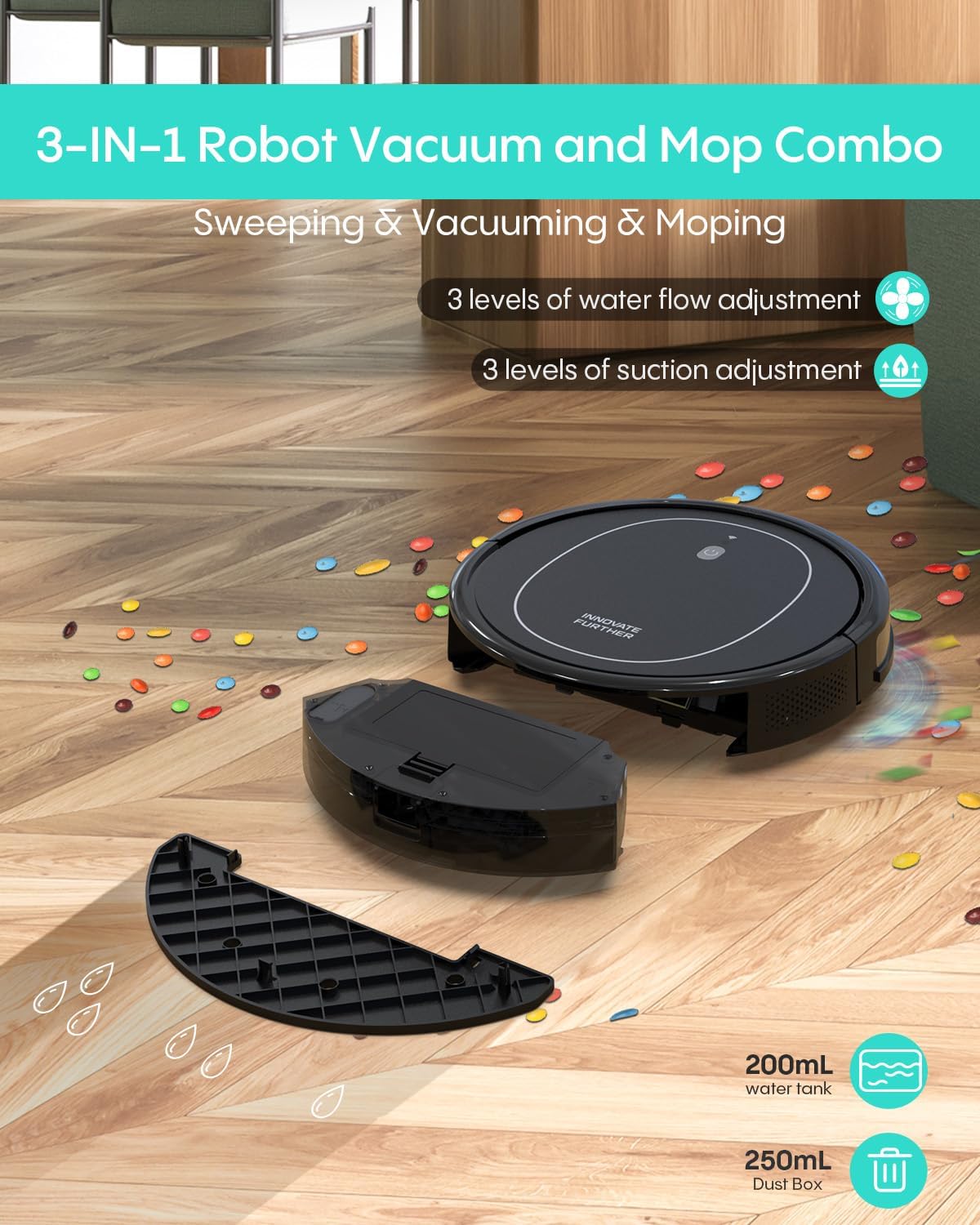 3-in-1 Robot Vacuum and Mop 4000Pa Strong Suction with App/Remote/Alexa Control & Central Brush & Self-Charging for Home Hard Floor, Carpet, Pet Hair - Image 2