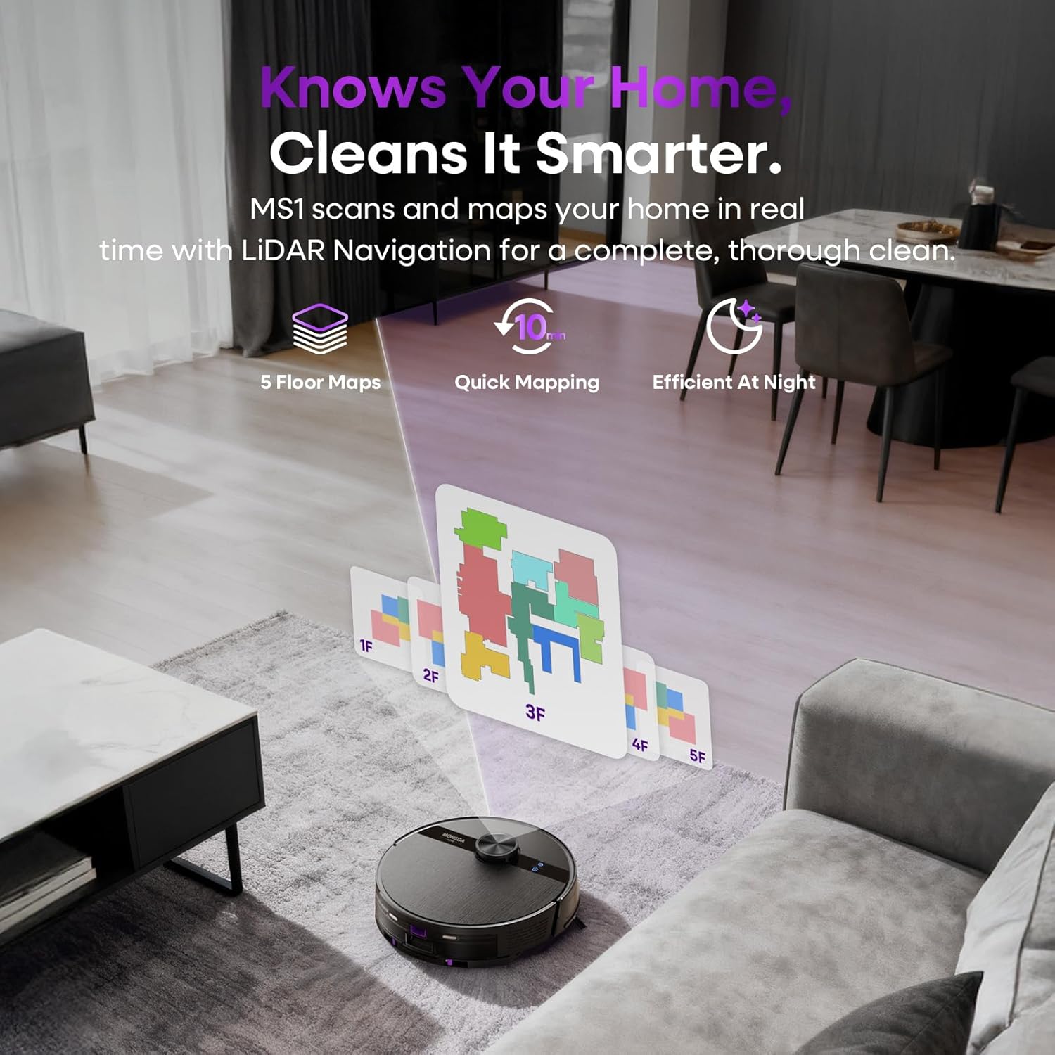 MONSGA Robot Vacuum and Mop Combo, 7000Pa Robotic Vacuum with Lidar Navigation, 180mins Runtime, Tangle-Free Robot Mop, 5 Editable Maps, APP/Remote/Voice Control, Ideal for Hard Floors and Carpets - Image 4