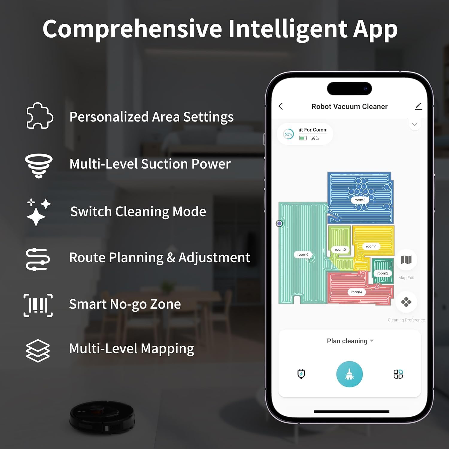 Robot Vacuum and Mop Combo with Self-Emptying, Customizable Map Cleaning with LiDAR Navigation, 6000Pa Suction, Smart No-Go Zones, 70Days Hands-free Robotic Vacuum Cleaner for Floor, Carpet, Pet Hair - Image 5