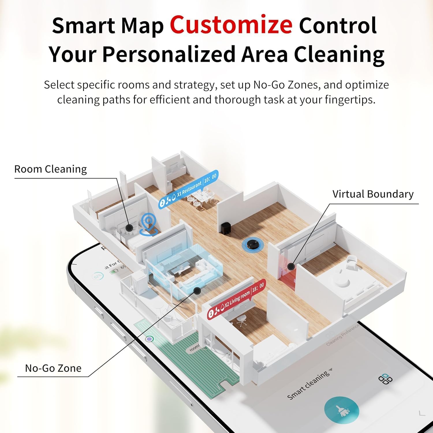 Robot Vacuum and Mop Combo with Self-Emptying, Customizable Map Cleaning with LiDAR Navigation, 6000Pa Suction, Smart No-Go Zones, 70Days Hands-free Robotic Vacuum Cleaner for Floor, Carpet, Pet Hair - Image 3