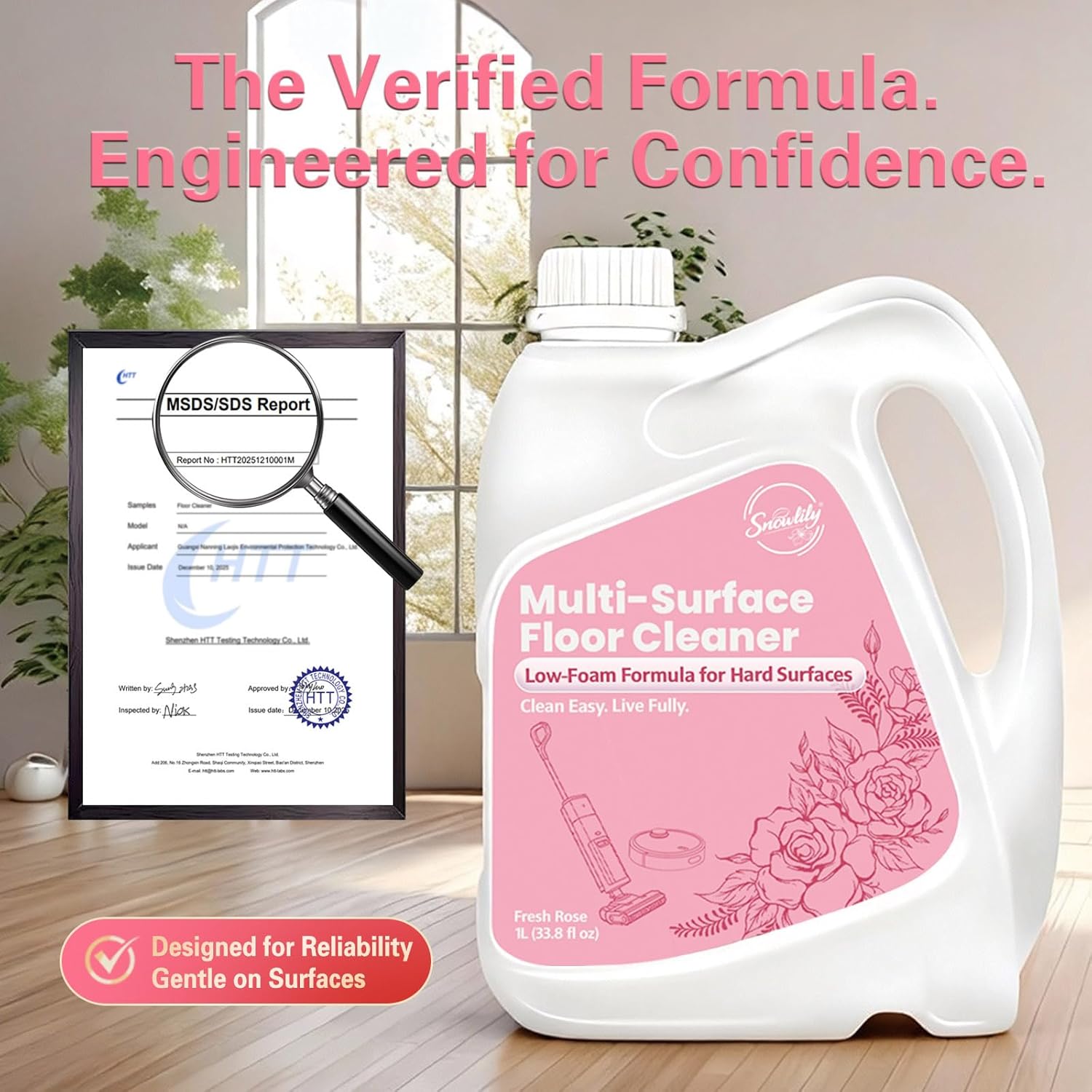 Snowlily 33.8 FL OZ Floor Cleaning Solution Compatible with Robot Vacuum, Residue & Streak Free, Low Foam Floor Cleaner for Mopping, for All Robot Vacuum Mops & Wet Dry Vacuum Cleaners, Rose - Image 3