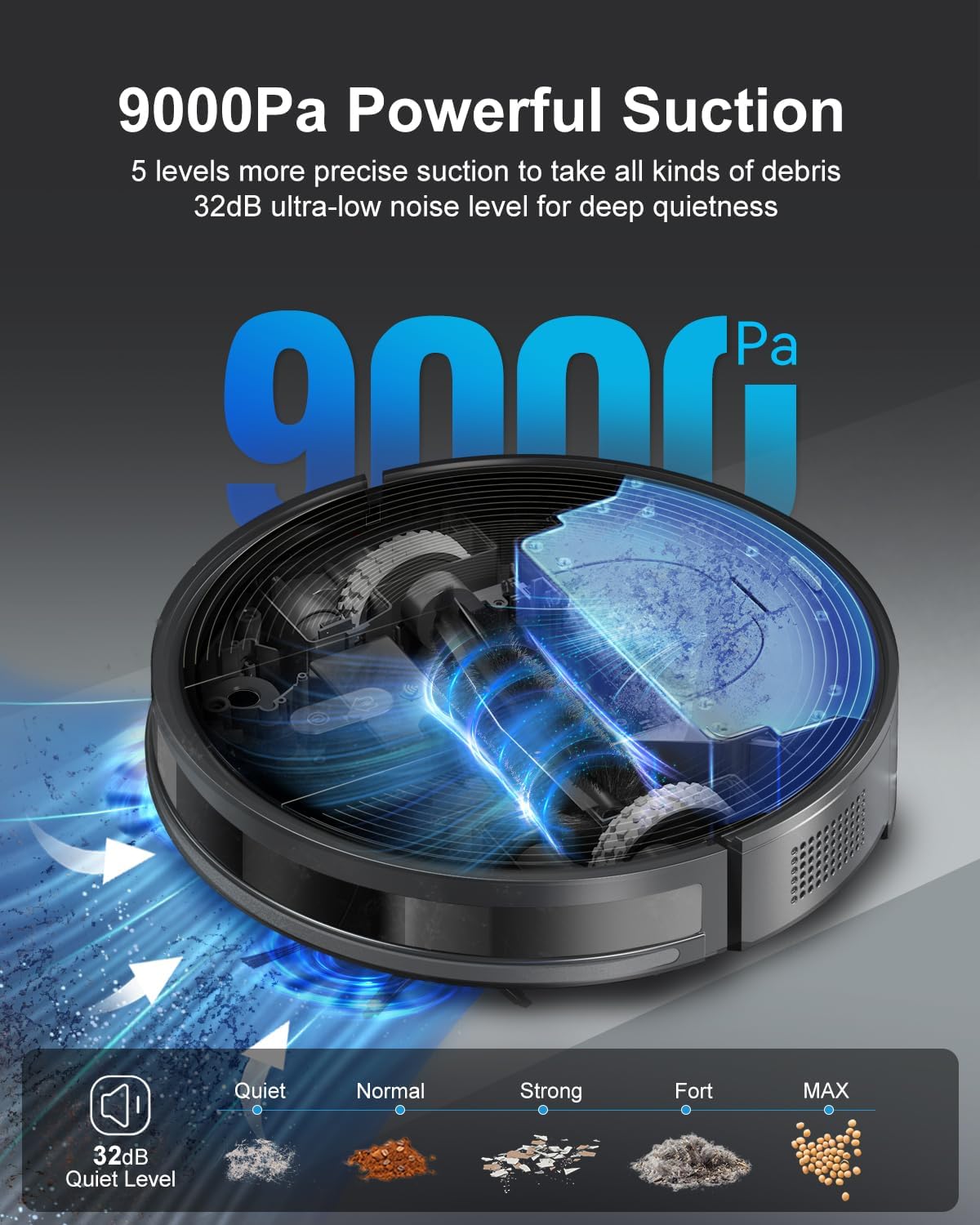 Robot Vacuum Cleaner with Self-Emptying Base – 9000Pa Suction, 85 Days of Dust Storage, Wi-Fi/App/Alexa Control – Ideal for Hard Floors, Low Carpets, and Pet Hair - Image 3