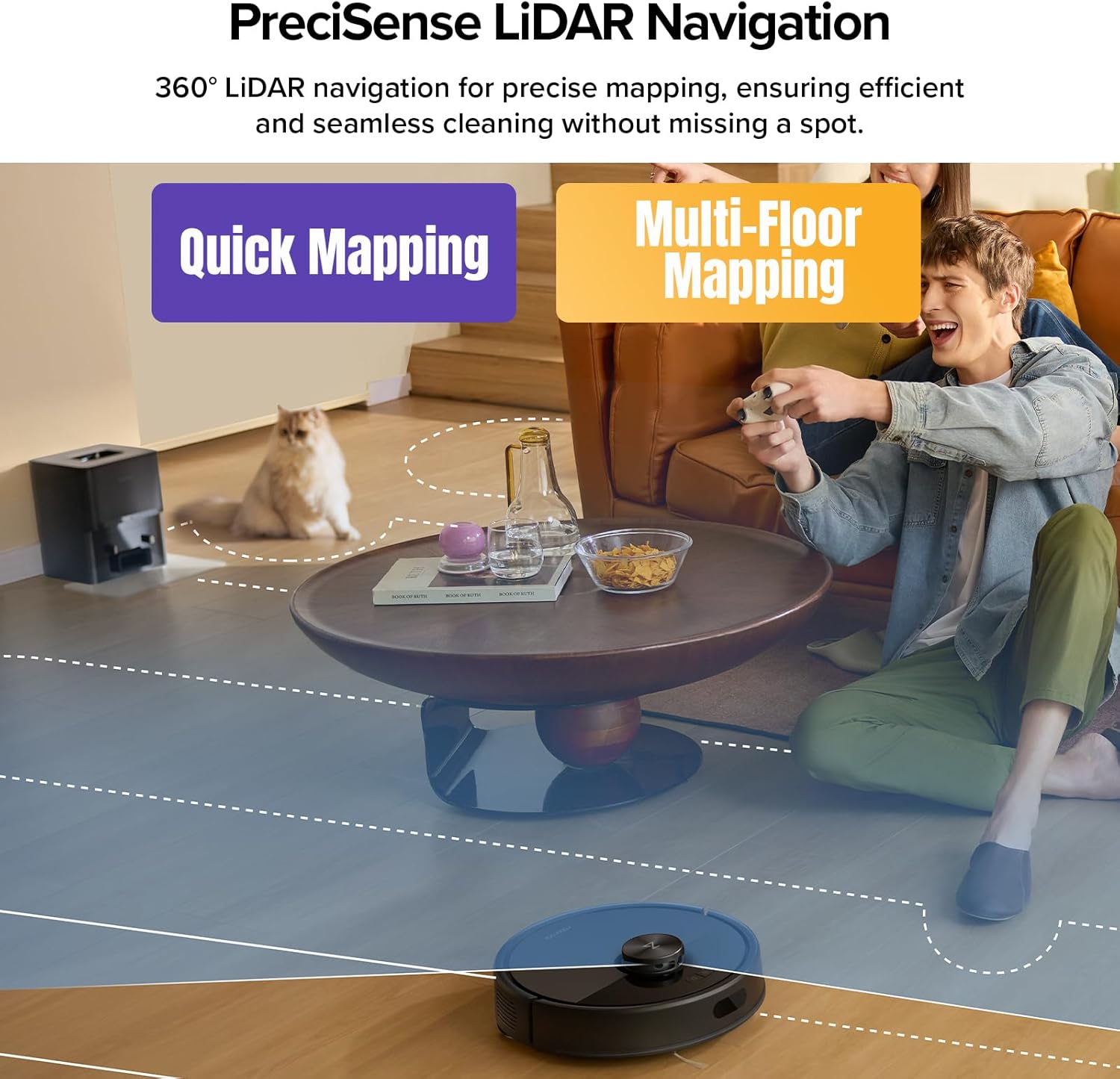 roborock Q7 M5+ Robot Vacuum and Mop, Upgraded from Q5 Max+, Up to 7-9 Weeks Self-Empty, 10000Pa Suction, Dual Anti-Tangle System for Pet Hair & Carpet, PreciSense LiDAR Navigation, App Control, Black - Image 6
