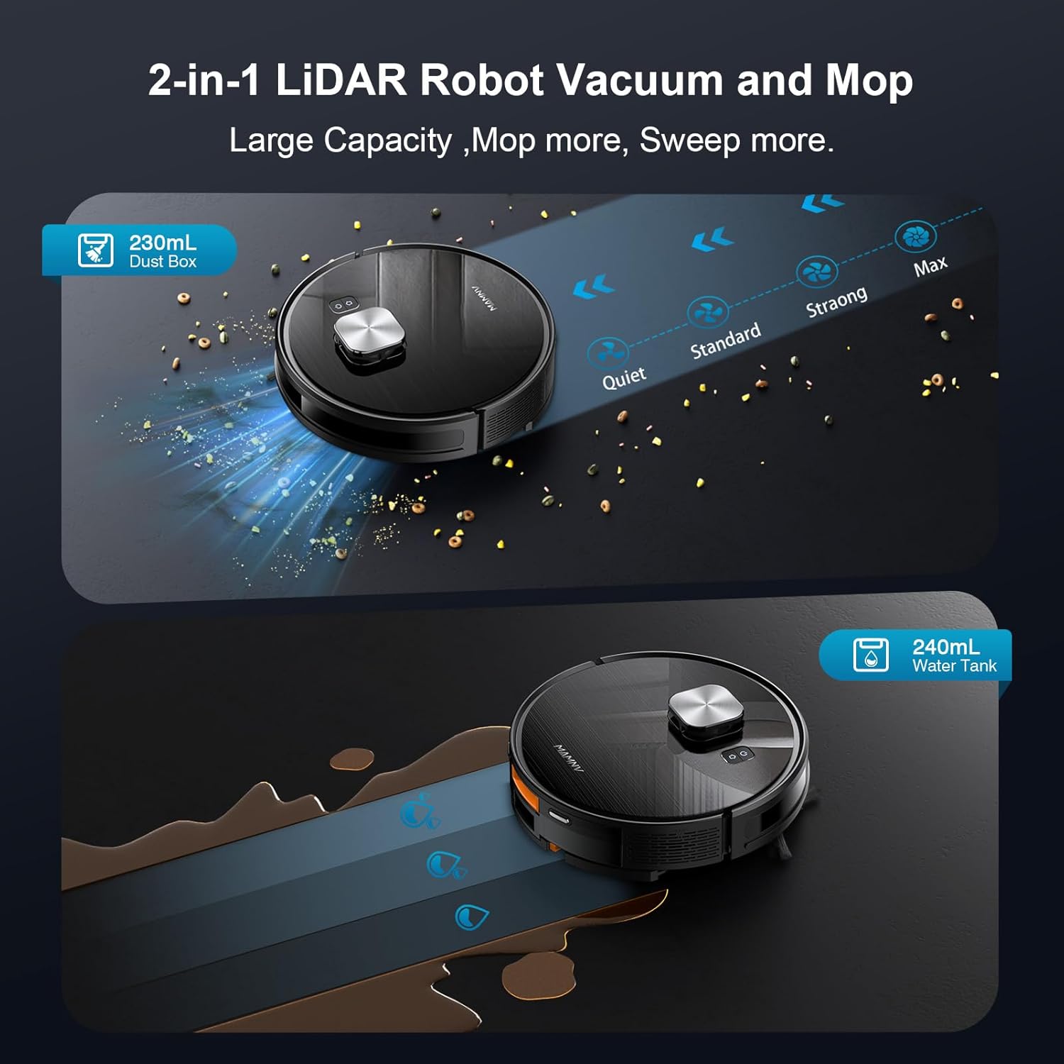 Robot Vacuum and Mop Combo, Robot Vacuum Self-Emptying with 11500Pa Suction, 70-Day Capacity, Fast Home Mapping, LiDAR Navigation, Smart Obstacle Avoidance, Ideal for Pet Hair, Carpet, Hard Floor - Image 4