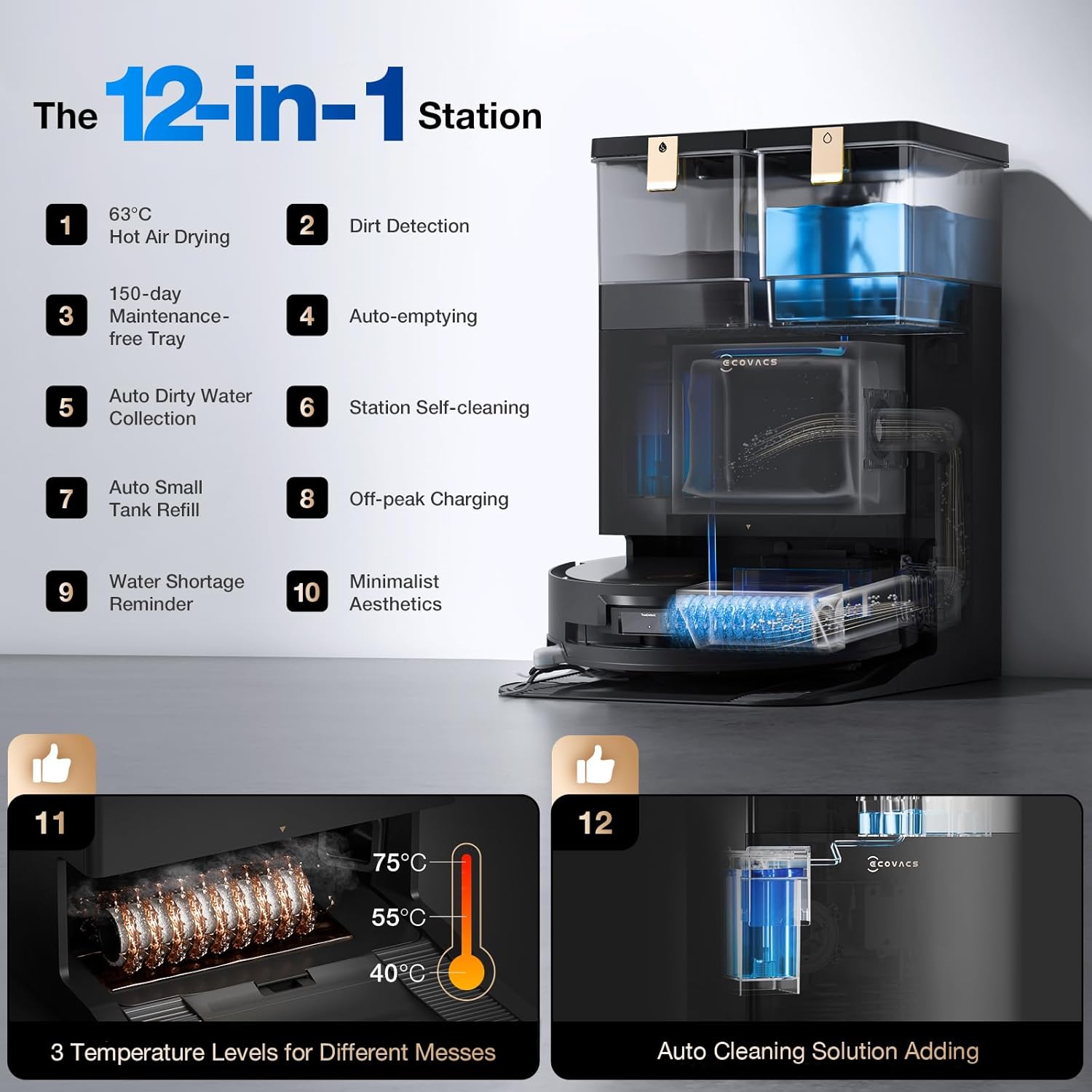 ECOVACS DEEBOT X8 PRO OMNI Robot Vacuum and Mop, 18000Pa, OZMO ROLLER Instant Self-Washing Mopping, 167℉ Hot Water Mop Washing, Auto Cleaning Solution Adding, Hot Air-Drying, Self-Emptying, Black - Image 5