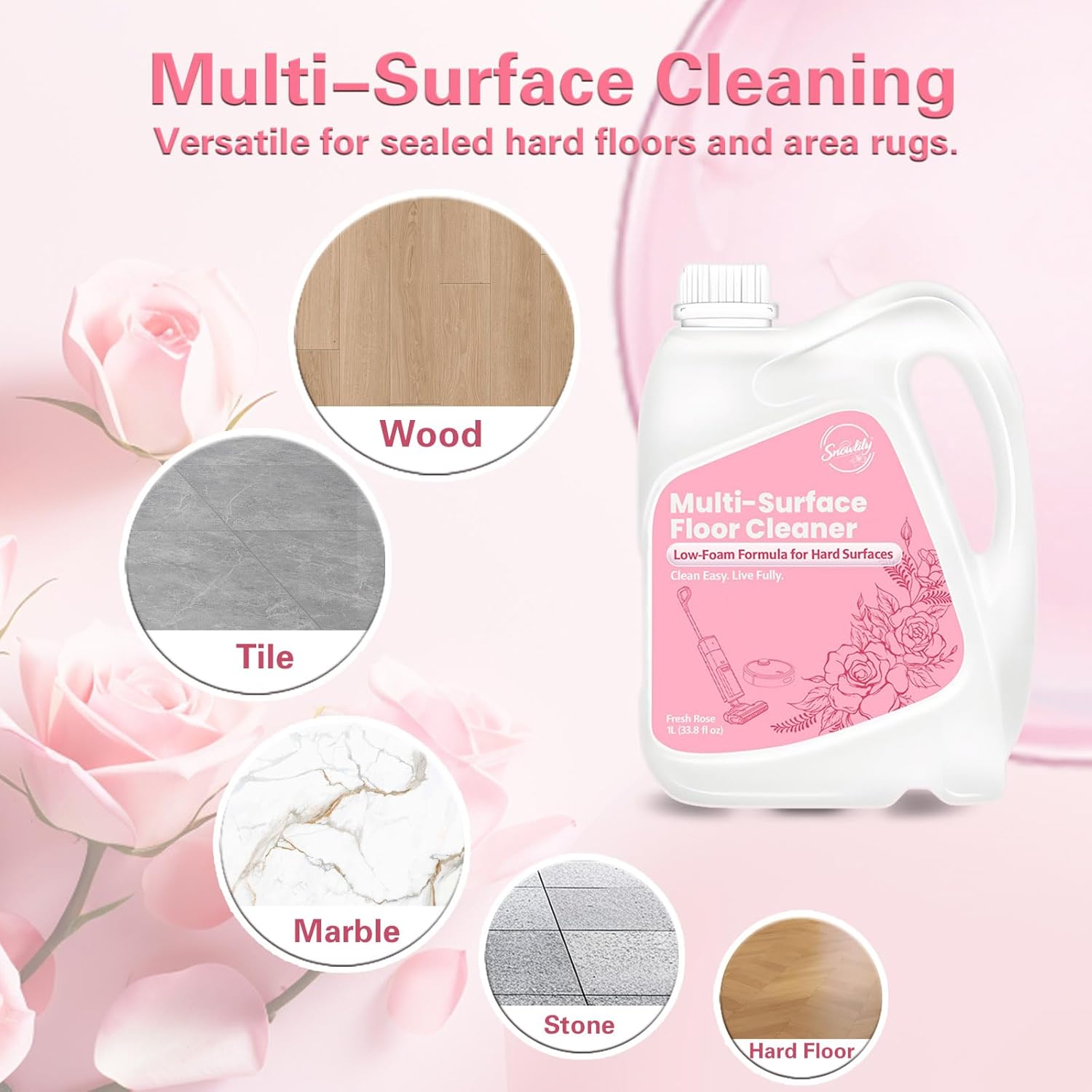 Snowlily 33.8 FL OZ Floor Cleaning Solution Compatible with Robot Vacuum, Residue & Streak Free, Low Foam Floor Cleaner for Mopping, for All Robot Vacuum Mops & Wet Dry Vacuum Cleaners, Rose - Image 5