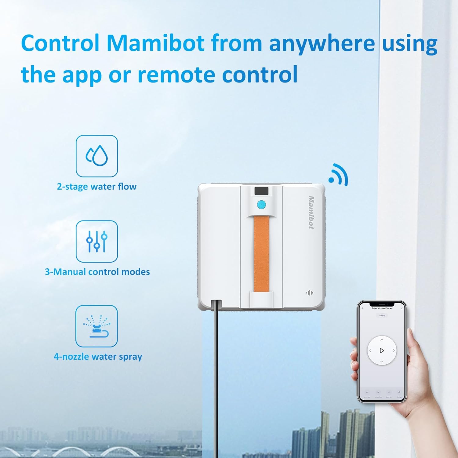 Mamibot W120-DP Robot Window Cleaner for High-Rise Glass - 3200Pa Strong Suction, Multiple Cleaning Modes,4 Water Spray Nozzles,Edge Detection Technology,App&Remote Control(Blue) - Image 3