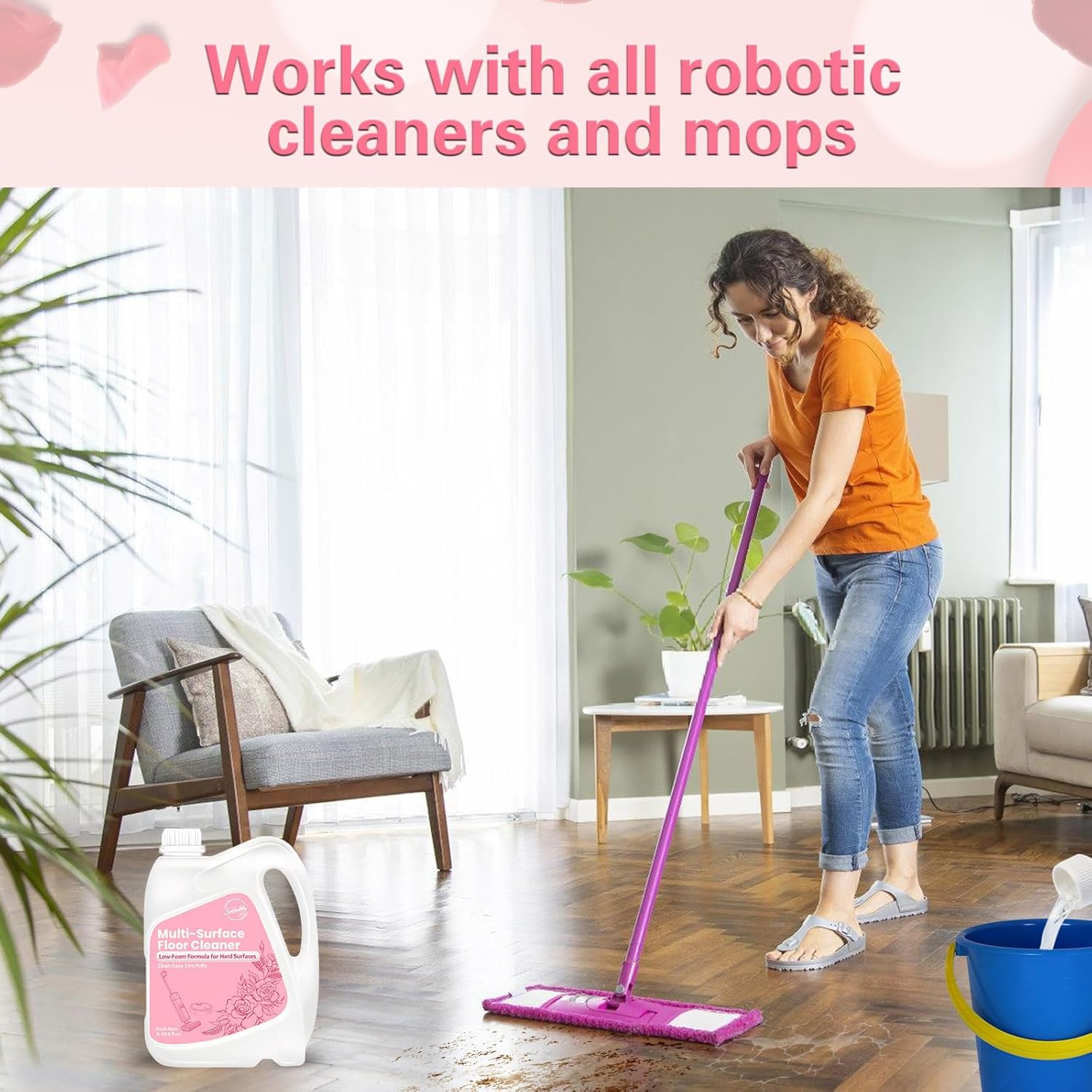 Snowlily 33.8 FL OZ Floor Cleaning Solution Compatible with Robot Vacuum, Residue & Streak Free, Low Foam Floor Cleaner for Mopping, for All Robot Vacuum Mops & Wet Dry Vacuum Cleaners, Rose - Image 8